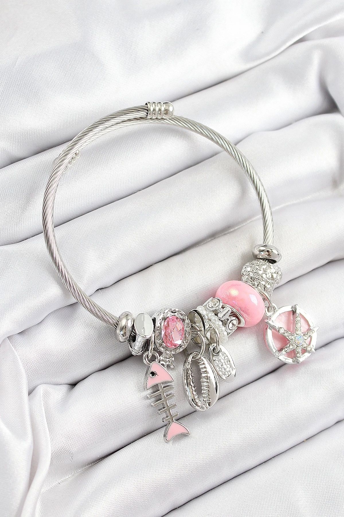 GLIMMERY 316L Çelik Pembe Zirkon Taşlı Balık Deniz Kabuğu Ve Deniz Yıldızı Model Gümüş Renk Charm Bileklik