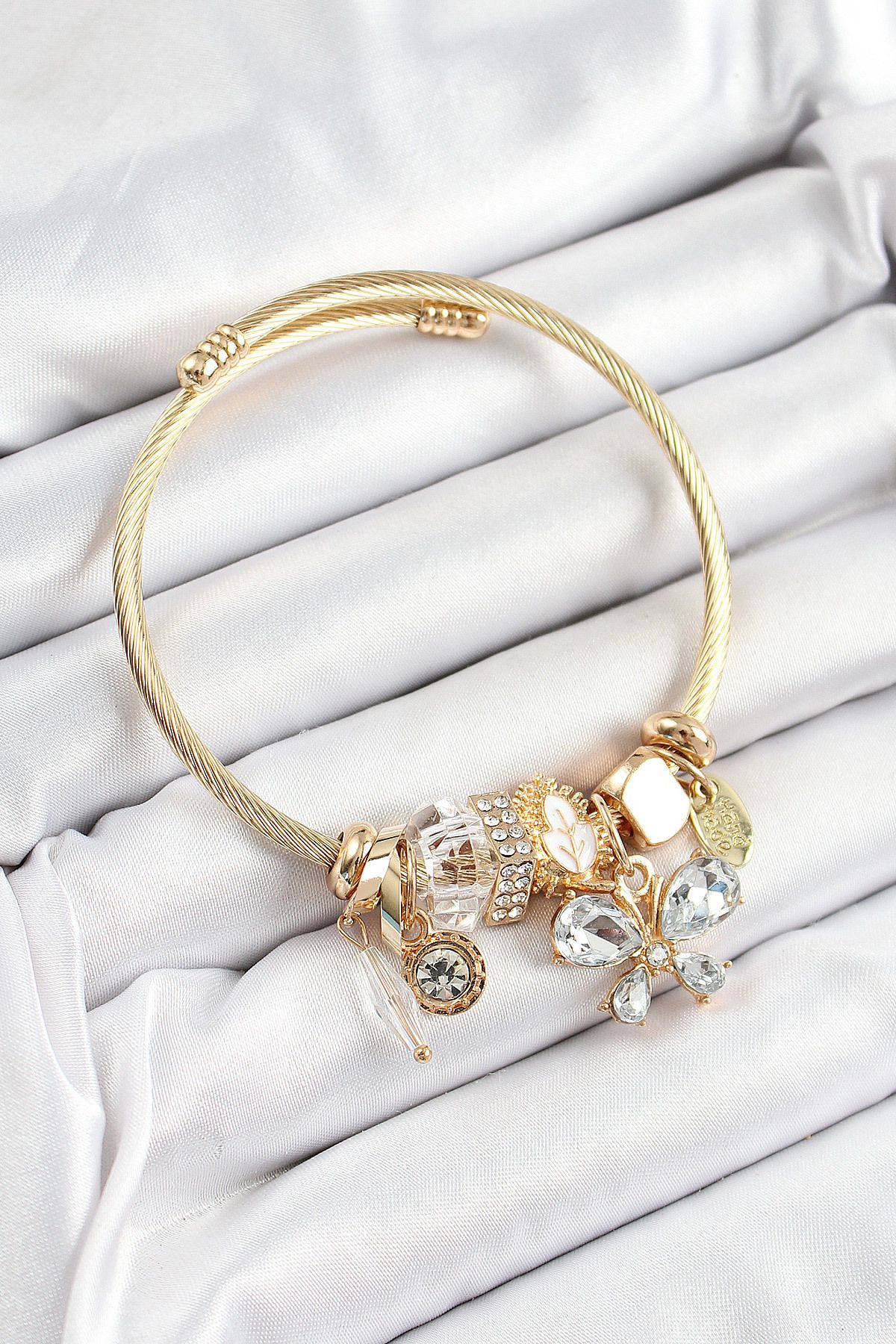 Clariss 316L Çelik Beyaz Zirkon Taşlı Kelebek Model Gold Renk Charm Bileklik