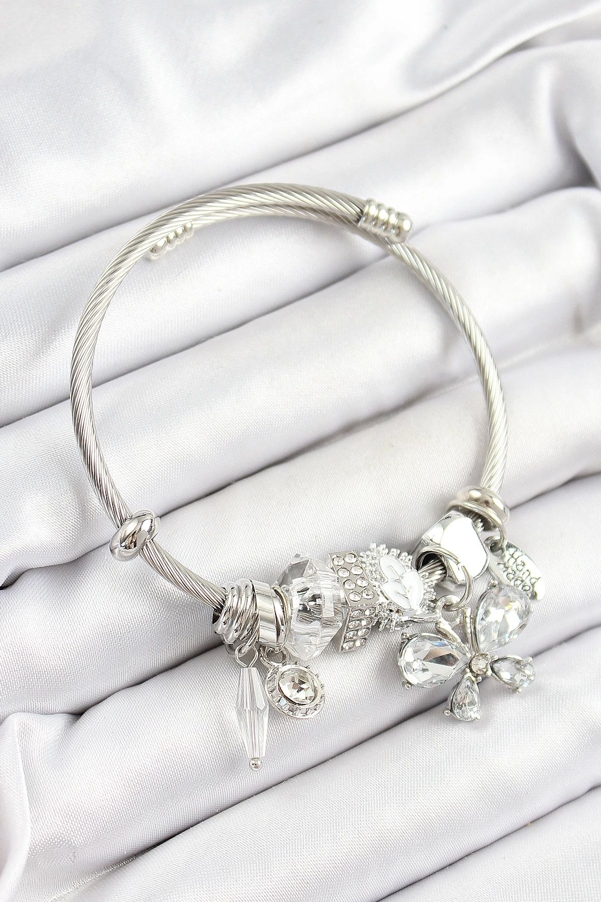 GLIMMERY 316L Çelik Beyaz Zirkon Taşlı Kelebek Model Gümüş Renk Charm Bileklik