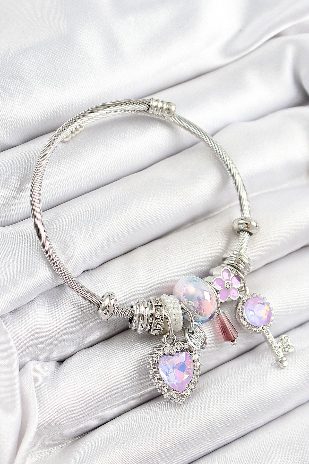 Clariss 316L Çelik Pembe Zirkon Taşlı Yıldız Anahtar Ve Kalp Model Gümüş Renk Charm Bileklik