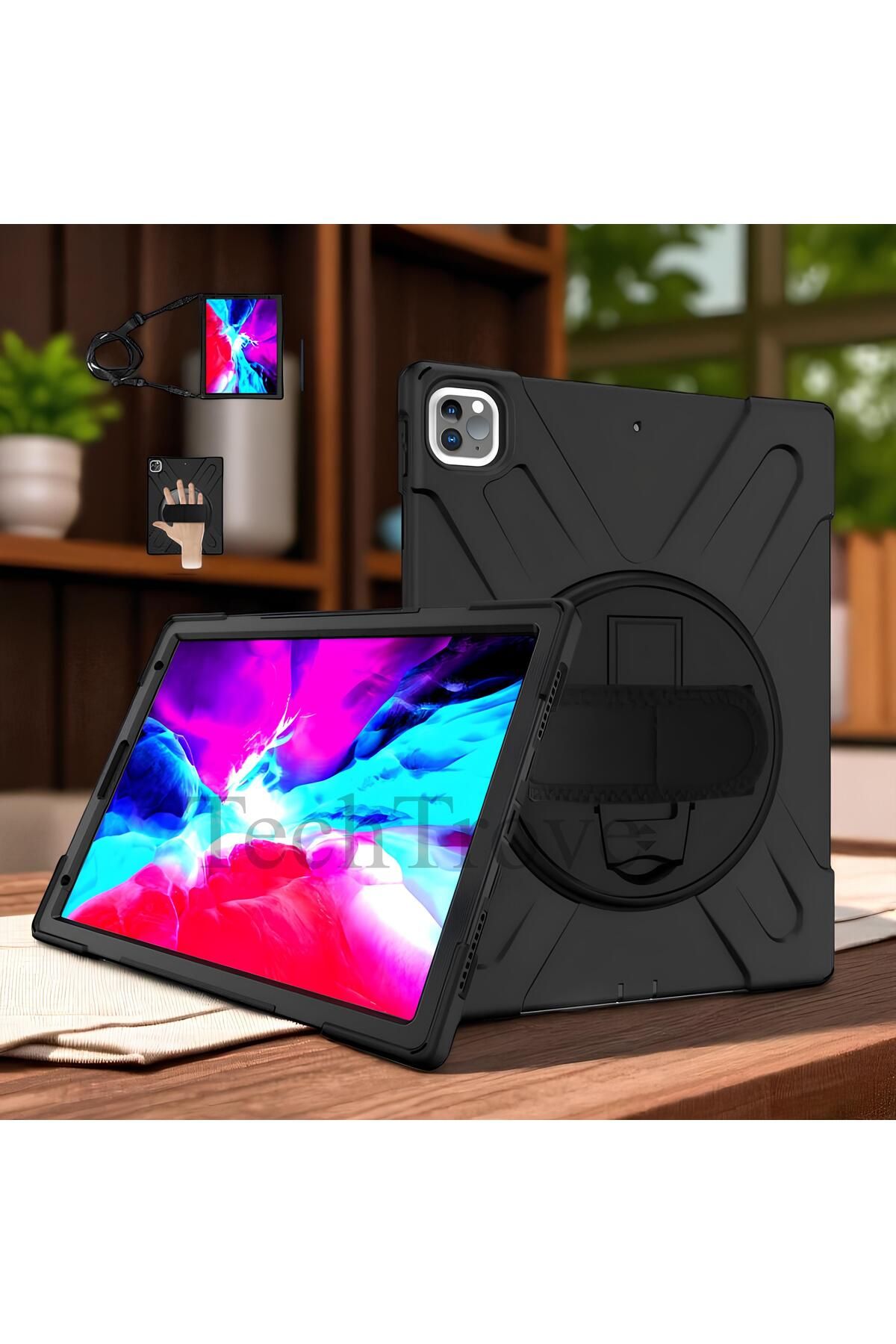 TechTrove Apple iPad Pro 12.9 2020 (4.Nesil) Kılıf Maksimum Korumalı Askılı El Tutamaçlı Kılıf