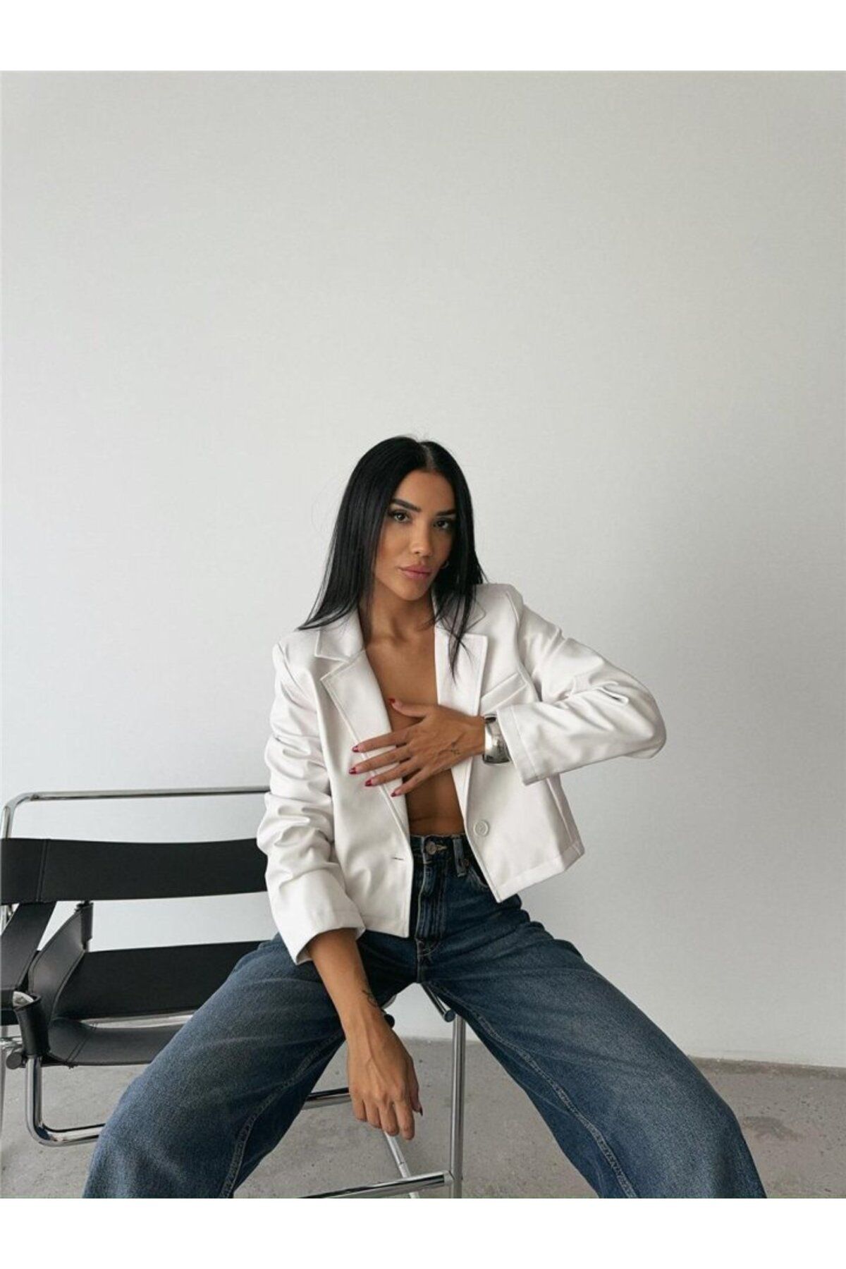 ETİLER COLLECTION DERİ CROP CEKET TEK DÜĞME - Beyaz