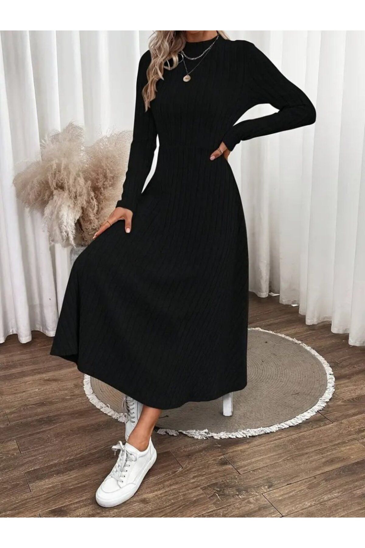 ETİLER COLLECTION Kadın Uzun Kollu Yarı Balıkçı Yaka Midi şardonlu Kaşkorse Elbise