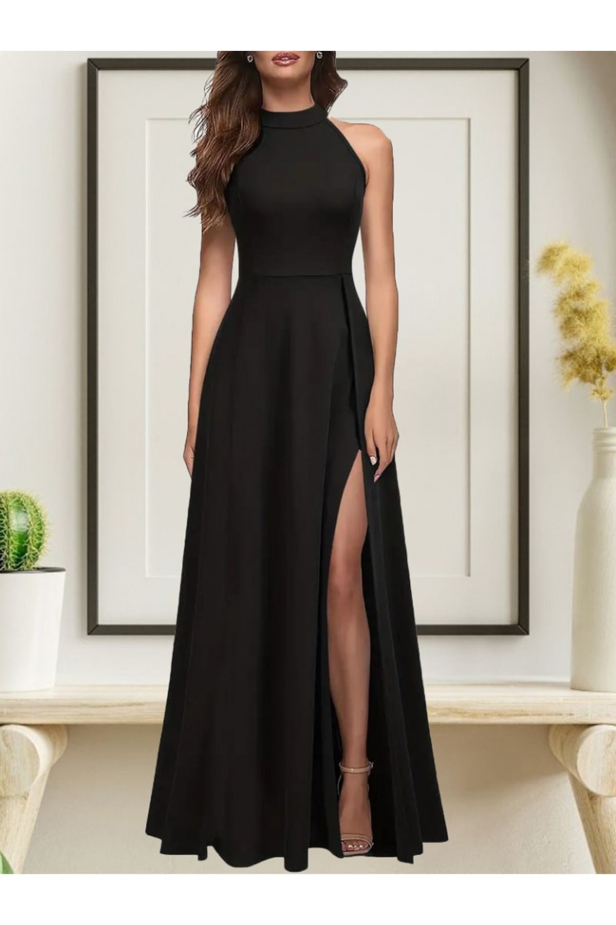 ETİLER COLLECTION Kadın Halter Yaka Derin Yırtmaç Detaylı Tam Boy Ithal Krep Abiye Elbise