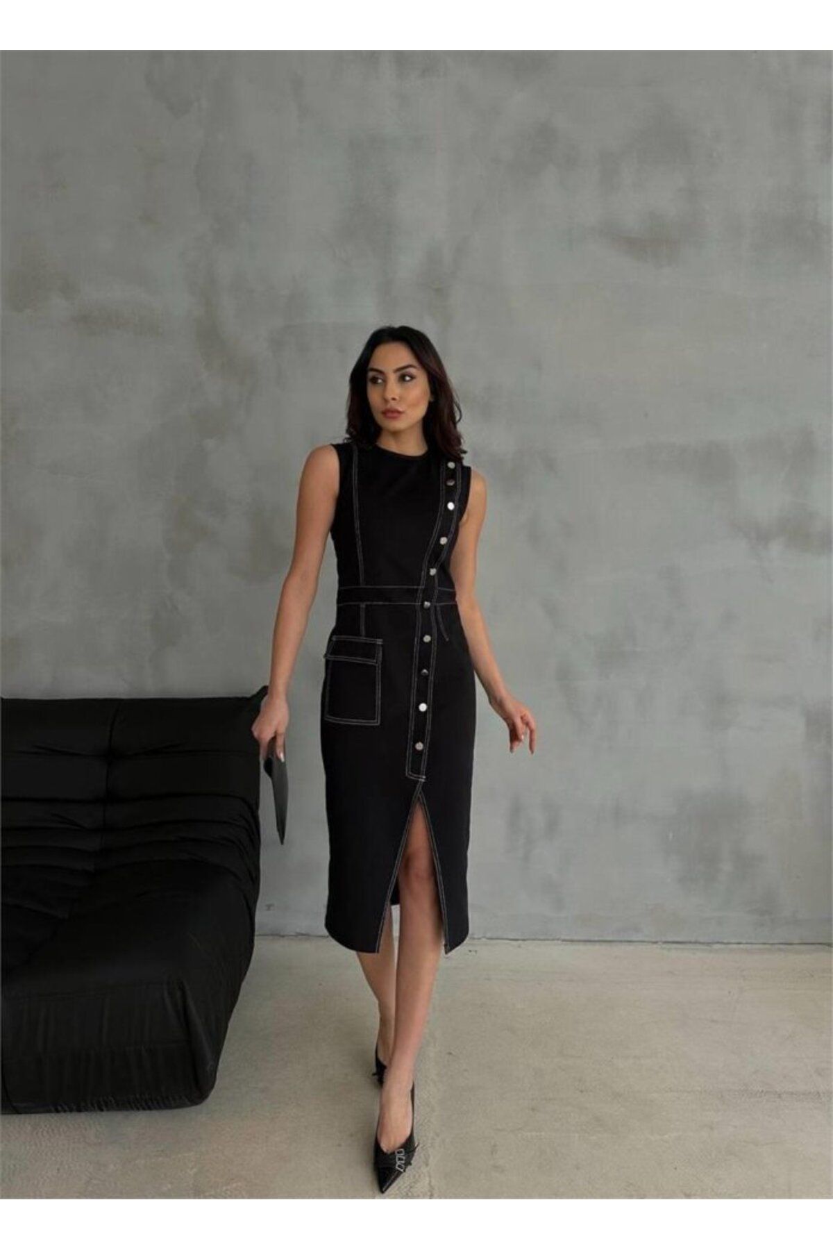 ETİLER COLLECTION GABARDİN KALEM ELBİSE DÜĞME VE YIRTMAÇ DETAYLI - Bej