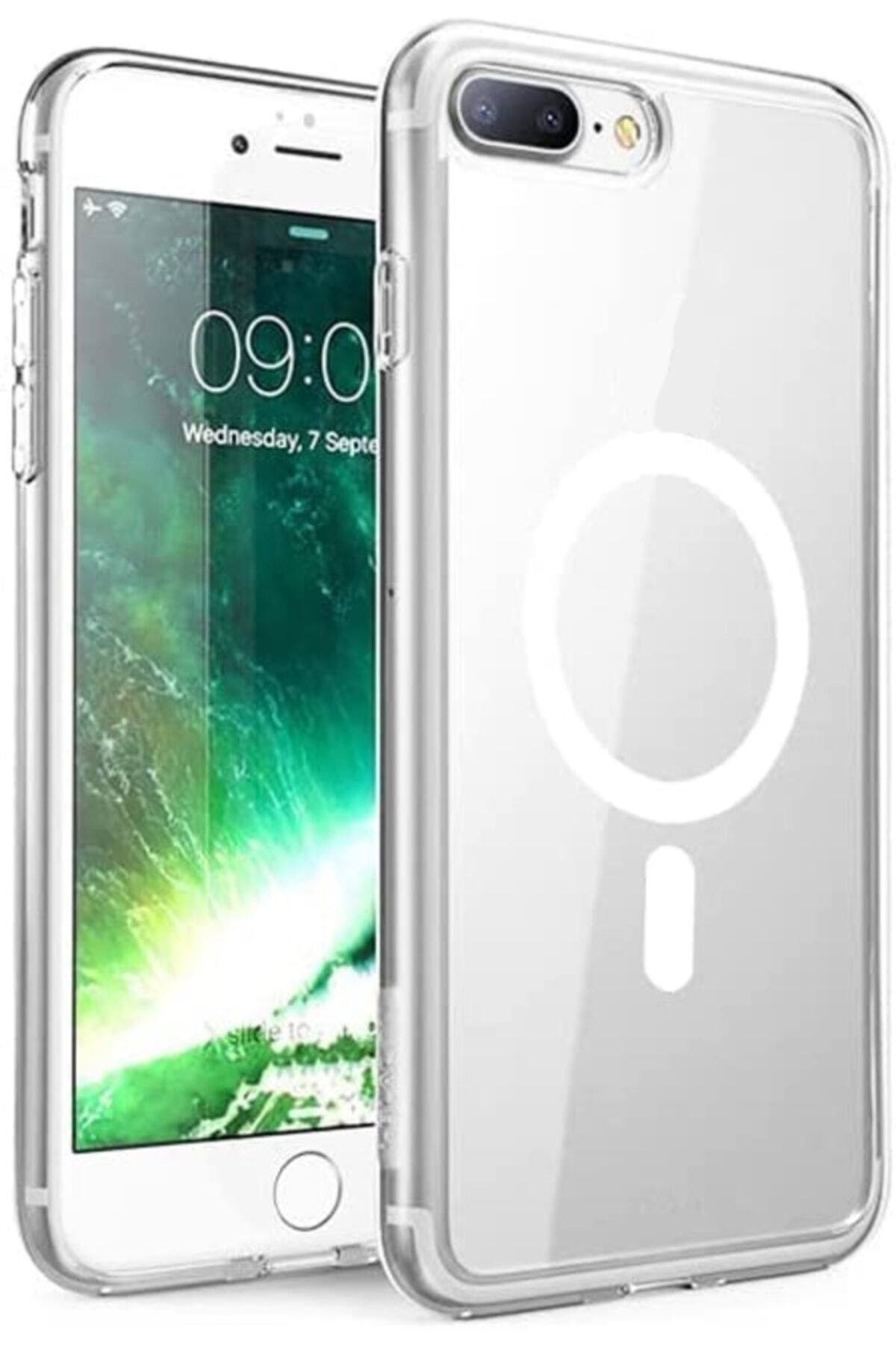 Store İphone 8 Plus/7 Plus Uyumlu Kılıf Magsafe Wireless Kablosuz Şarj Destekli Sert Şeffaf Darbe Emici
