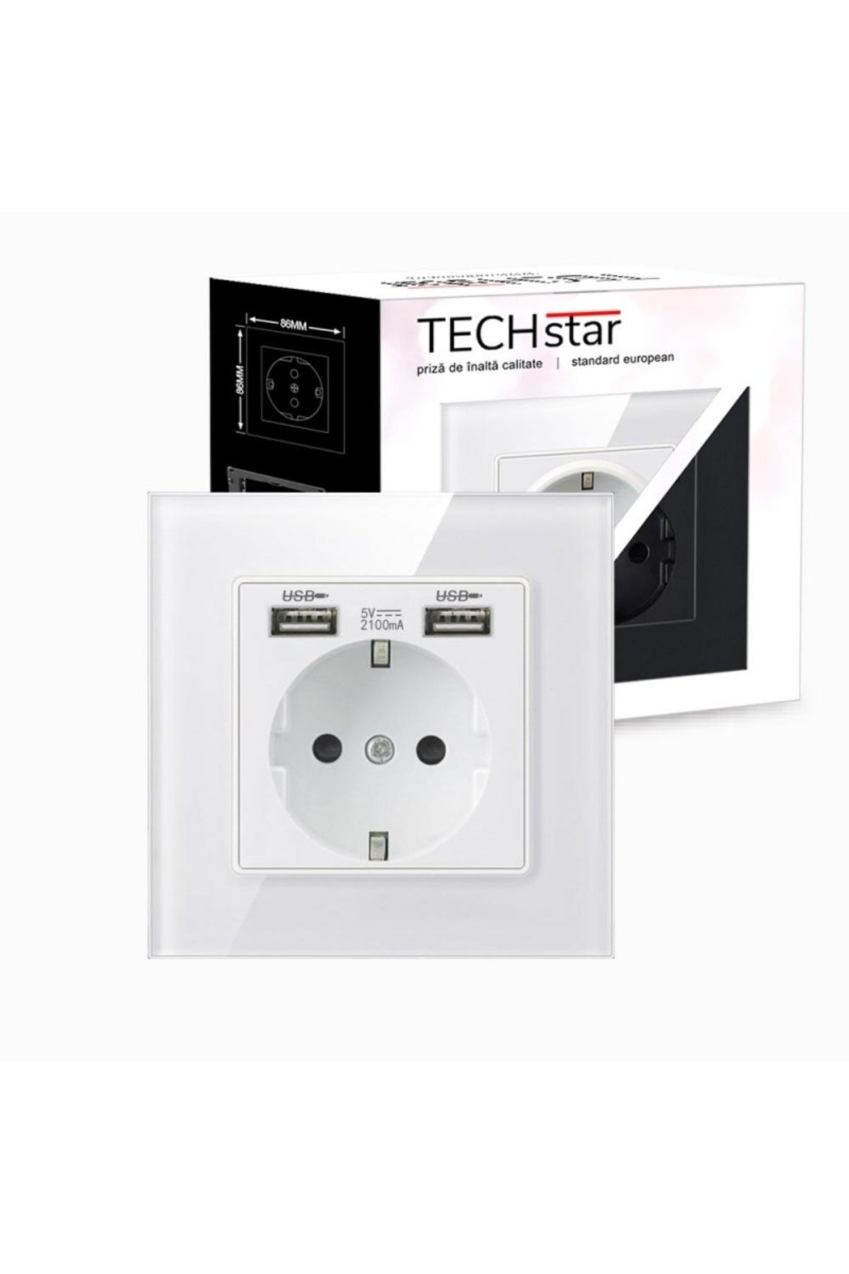 TECHSTAR-® Crystal Tsu1 Socket, Single, 2 X Usb, 2.1a, Frost White Color, Tempered Glass, 16a 3