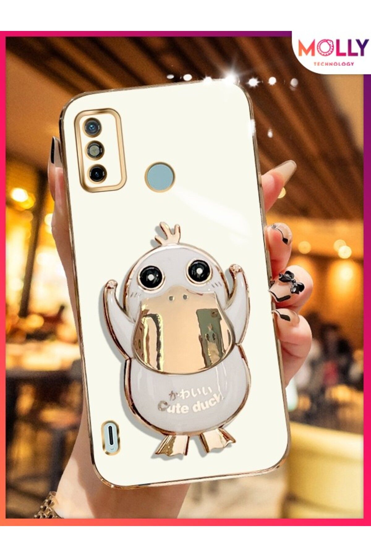 Molly TECNO SPARK 6 GO İçin İnci Beyazı Sevimli Ördek Standlı Kenarları Gold Detaylı Lüks Silikon Kılıf