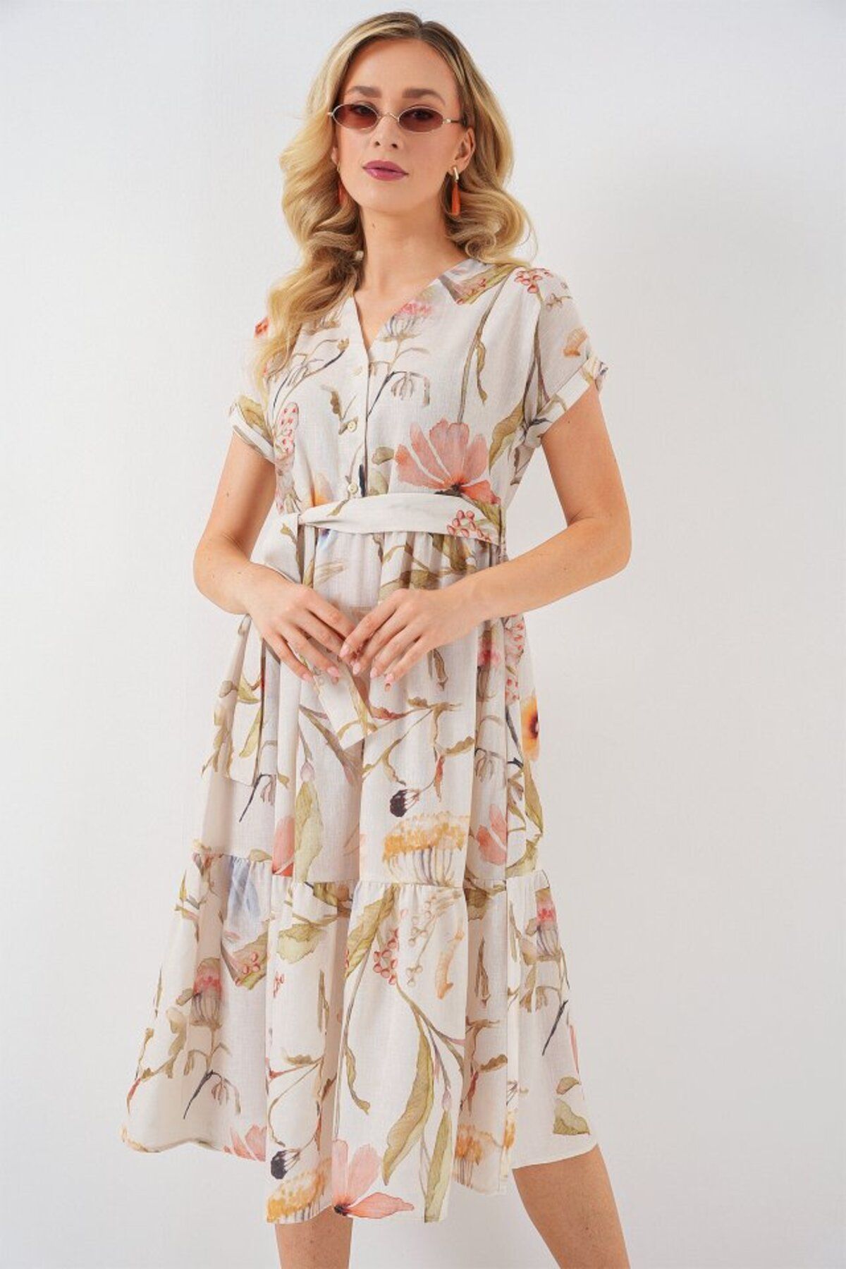ETİLER COLLECTION Desenli Kısa Kol Elbise 2558 - Krem