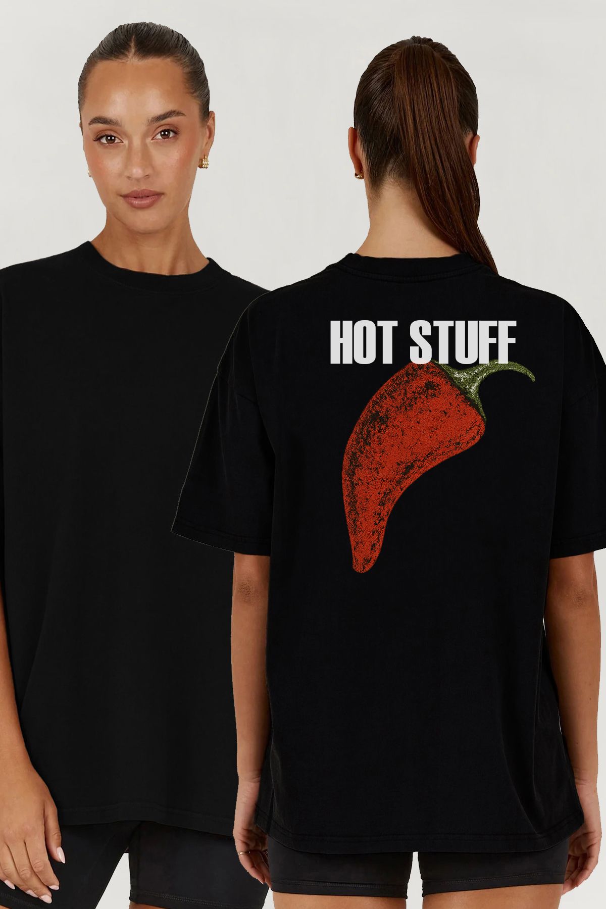 MODA Kırmızı Acı Biber Red Pepper Hot Stuff Baskılı Oversize Kalıp Siyah Geniş Bol Kesim Kadın Tişört
