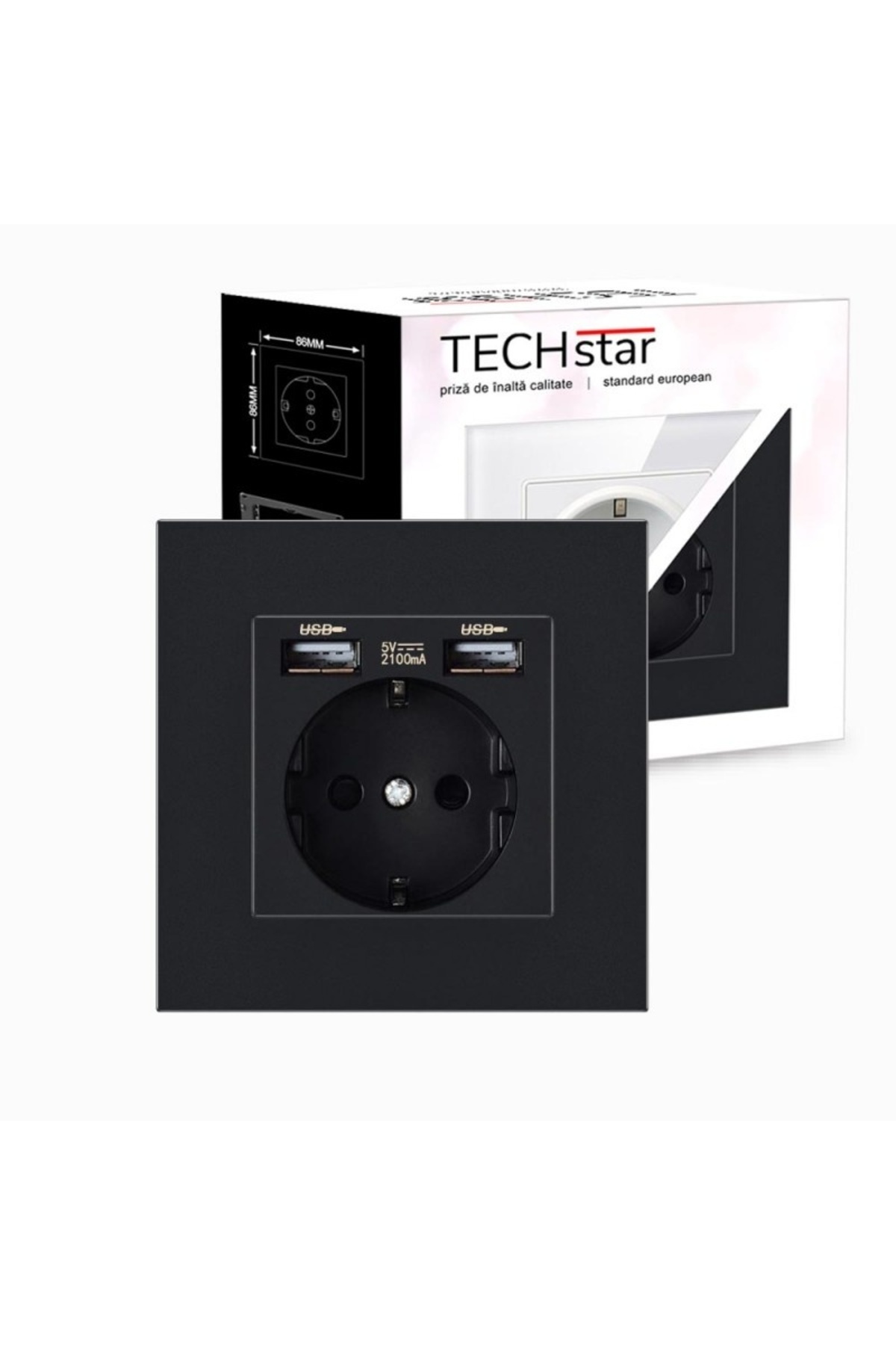 TECHSTAR-® PCU1 Socket, Single, 2 x USB, 2.1 A, Black Color, Polycarbonate, 16A 2