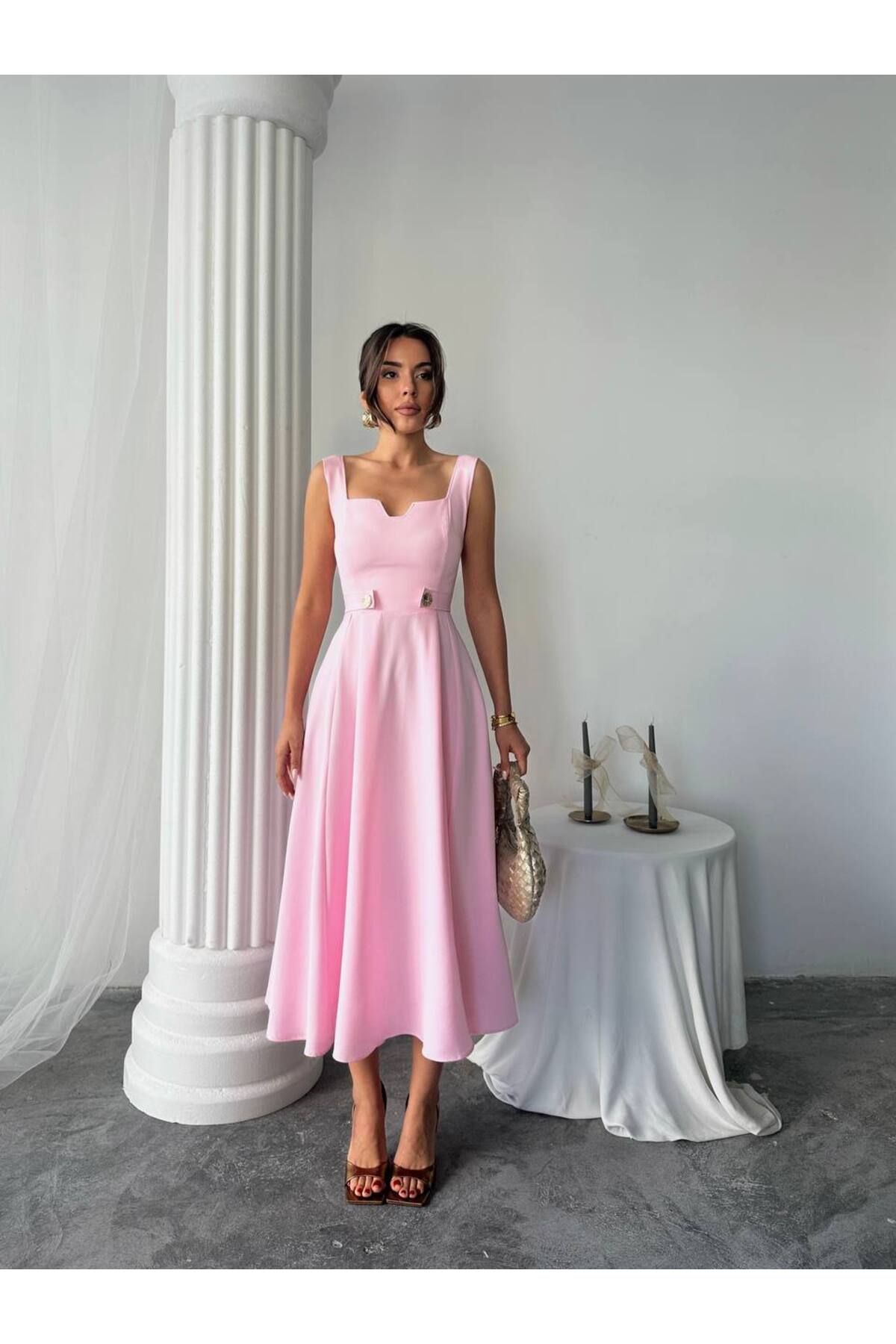 conconmoda Ayvel Atlas Düğme Detay Midi Elbise