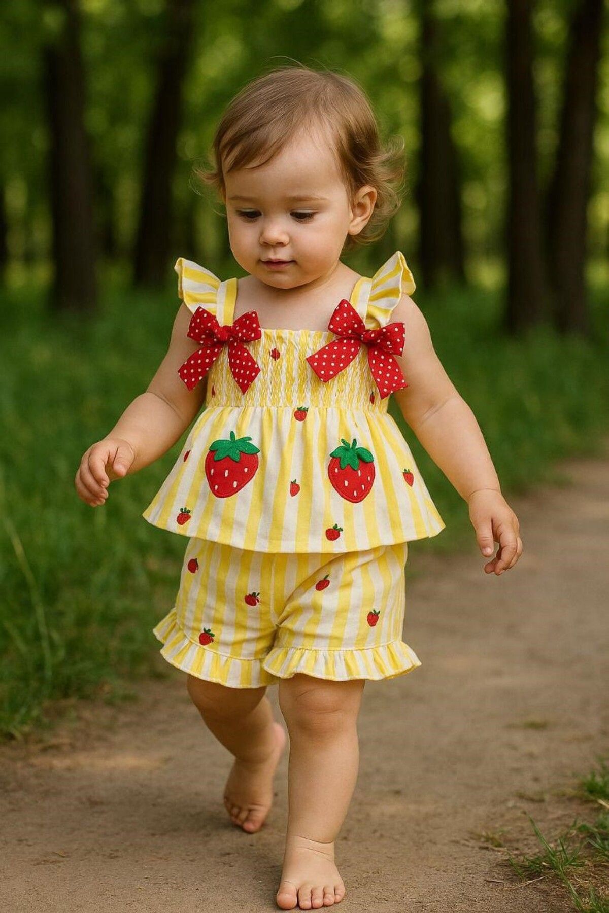 Bolly Baby Çilek Fiyonklu Şortlu 2li Yazlık 1-5 Yaş Kız Çocuk Bebek Takım