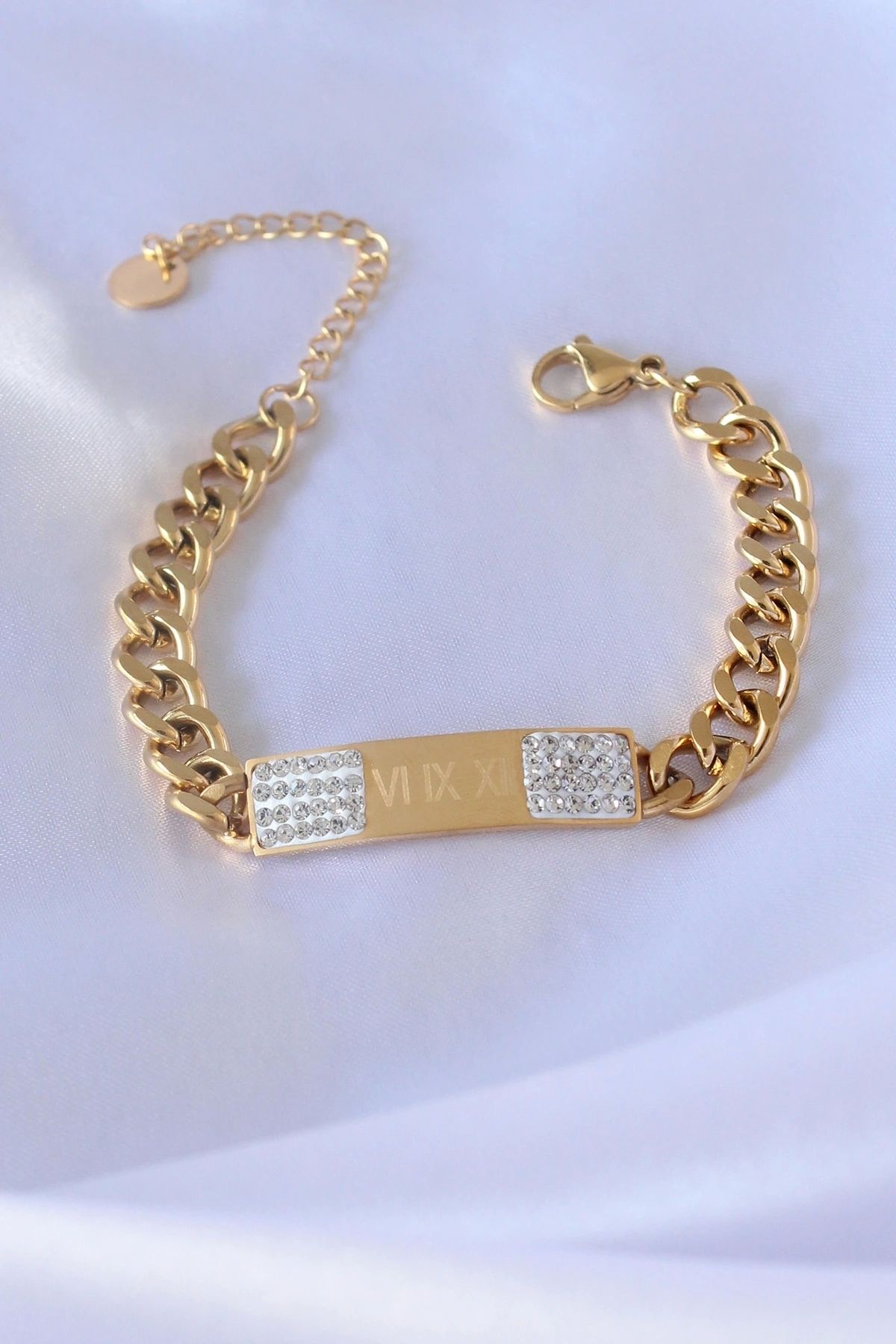 shopwave 316L Çelik Gold Renk Zincir Model İşleme Detay Zirkon Taşlı Kadın Bileklik
