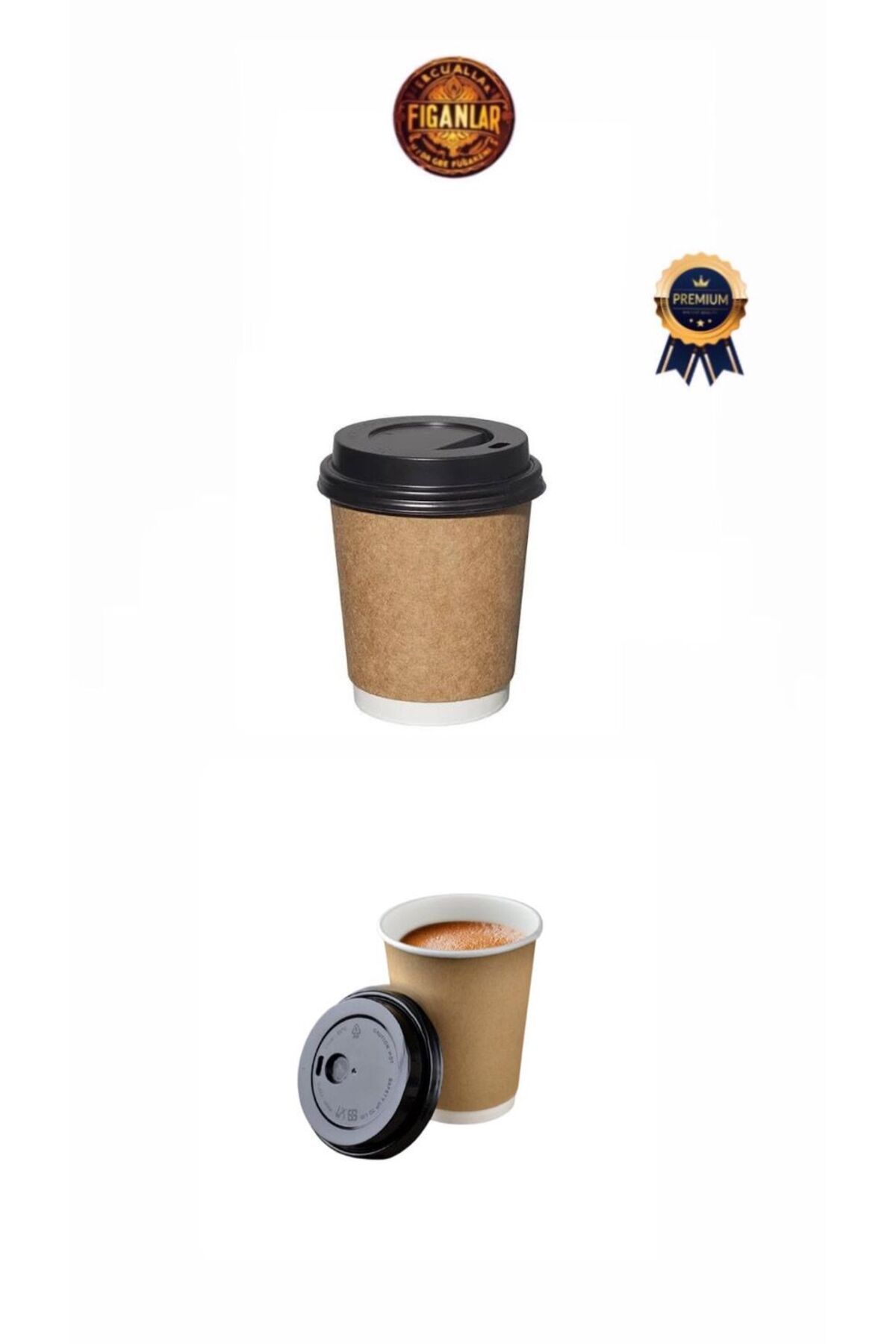 figanlar ambalaj 500 Adet (1 Koli) Siyah Kapaklı Double Wall(Çift Katlı) Kraft Karton Bardak 220cc