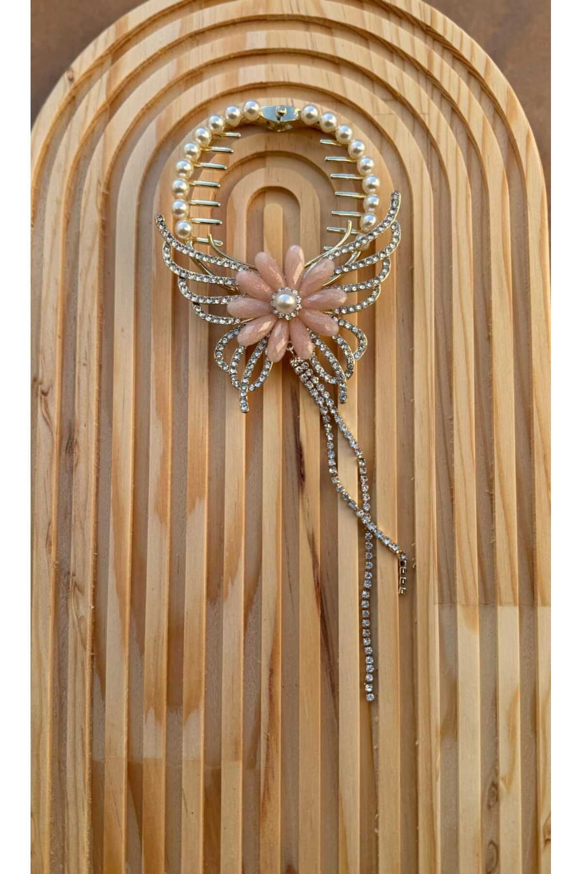 JHTshop GOLD METAL ÇELİK YAYLI TOPUZ TOKASI İNCİ SALLANTILI KELEBEK DETAYLI TOKA