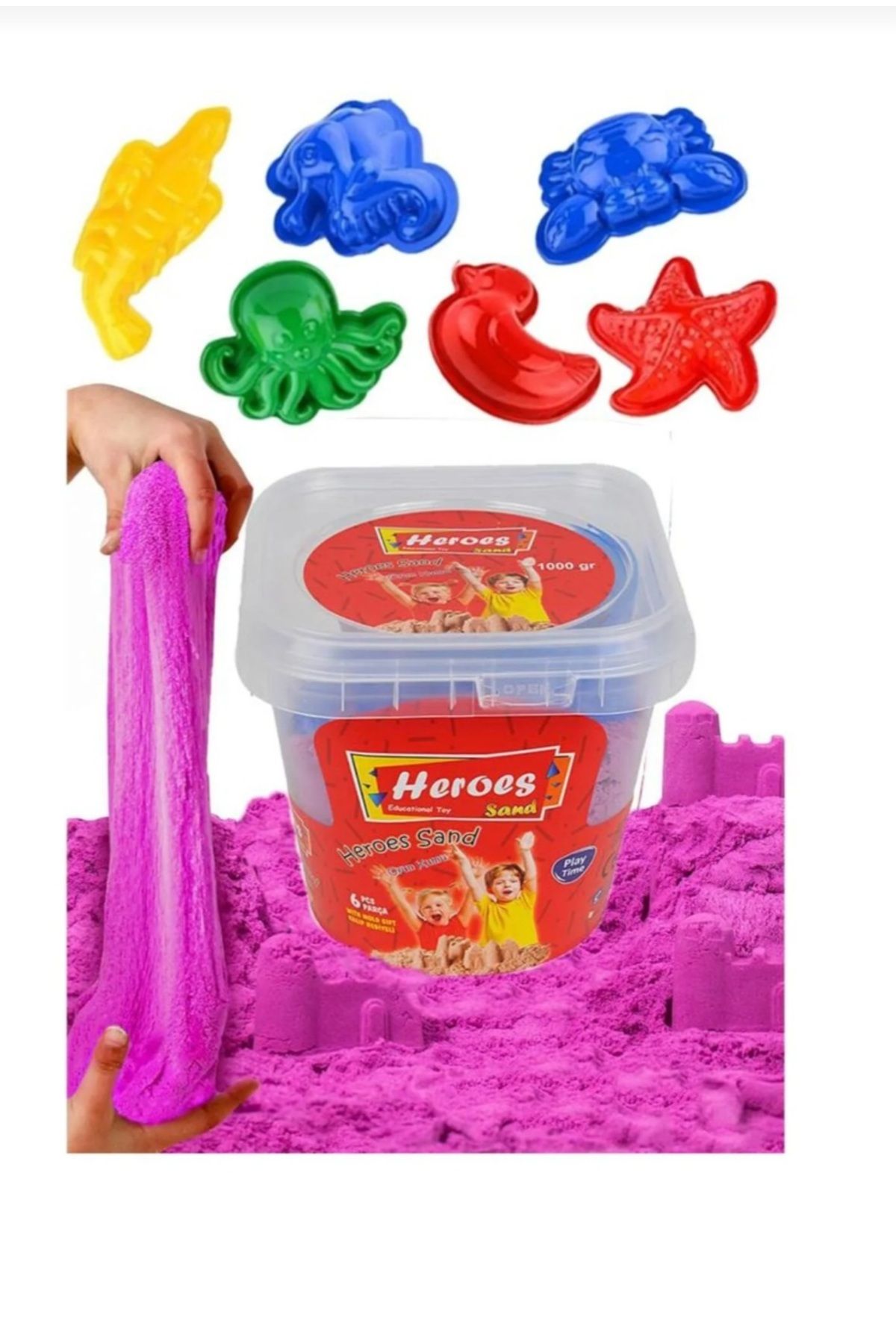 Hermossa Kinetik Kum 500 gr, 6'li Oyun Kalıbı Doğal Kimetik Kum Pembe