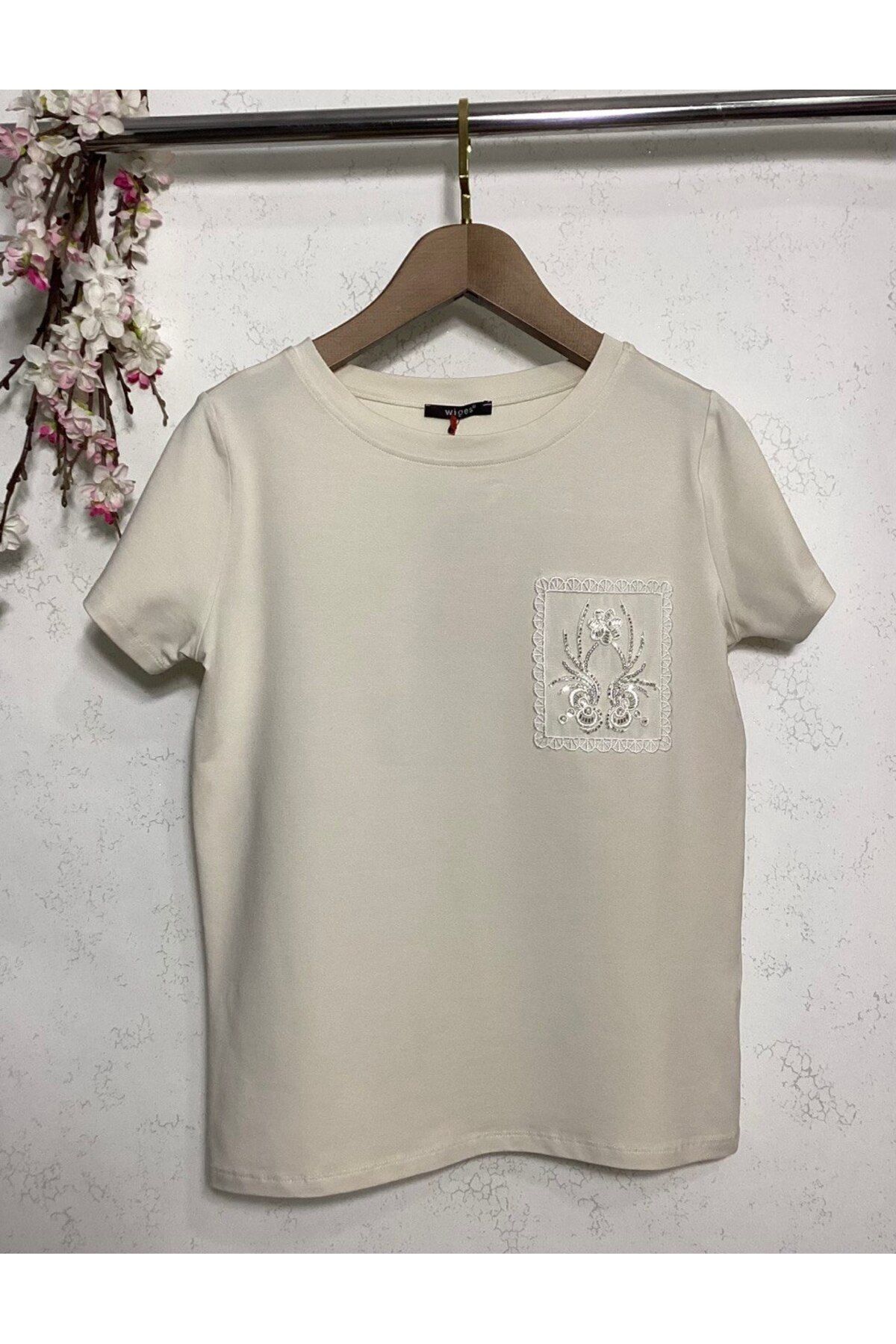 Wiges Kadın Bisiklet Yaka Desenli Özel Tasarım T-shirt