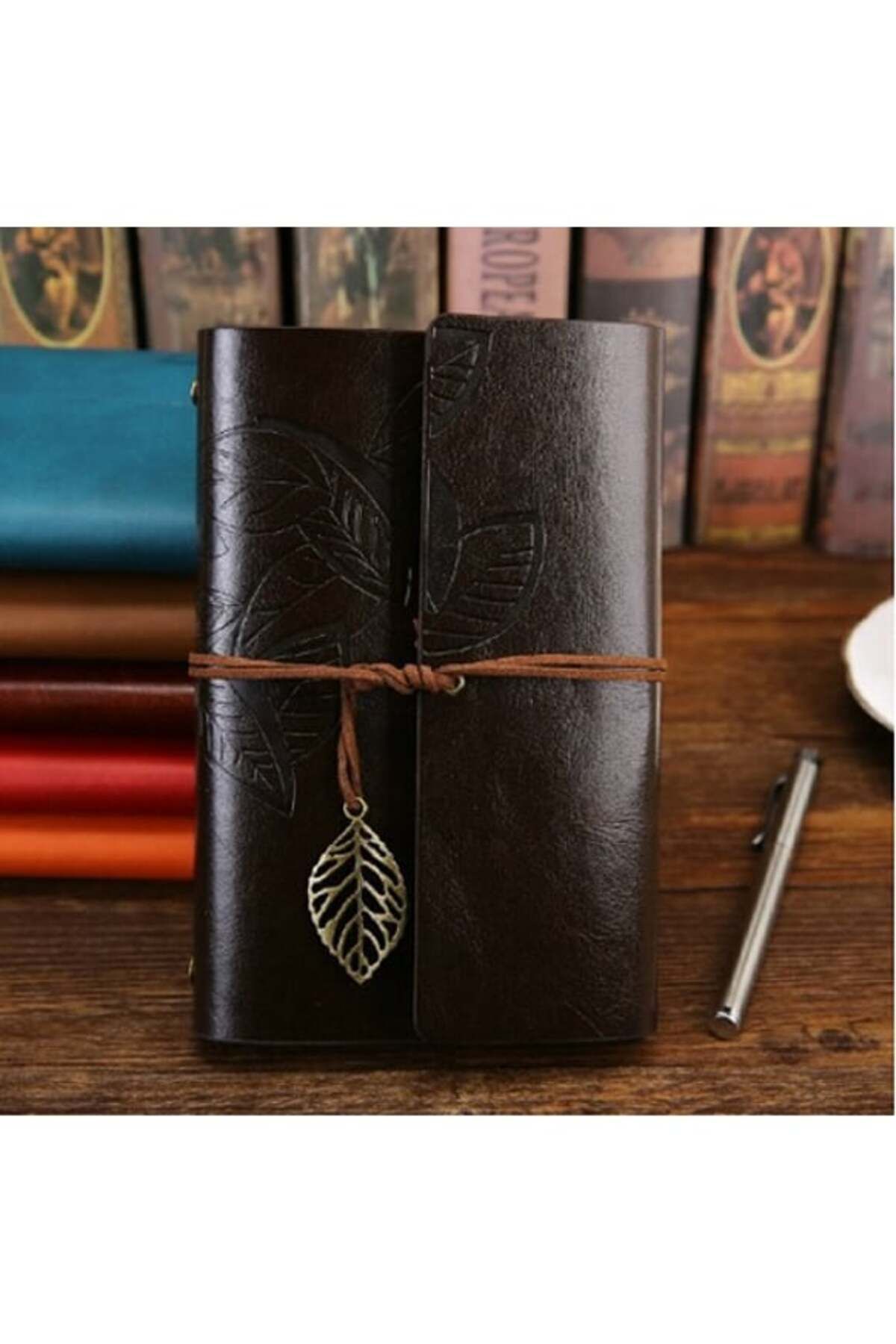 keyfimshop Deri Kapaklı Retro Yaprak Desenli Hatıra Defteri Siyah