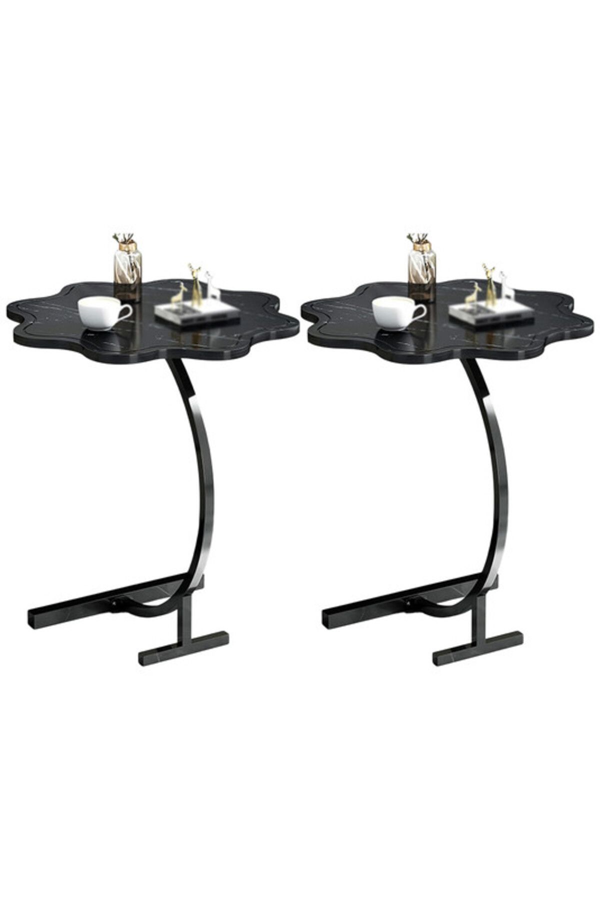 Generic-2-Pieces Modern Coffee Table C-Shaped Side Table with Wood Top in Flower Shape and Metal Frame Black 1