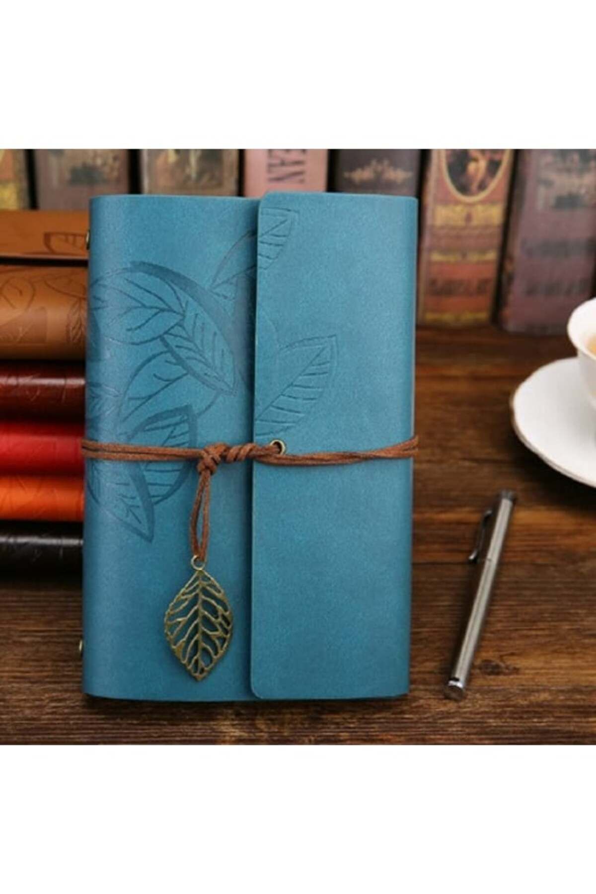 keyfimshop Deri Kapaklı Retro Yaprak Desenli Hatıra Defteri Mavi