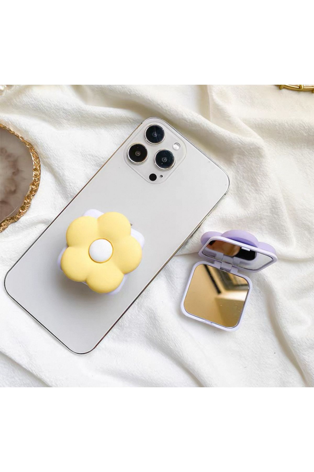 EDELFU Katlanabilir Çiçek Aynalı Telefon Tutacağı ve Telefon ve Tabletler için Stand ve Popsocket - Sarı