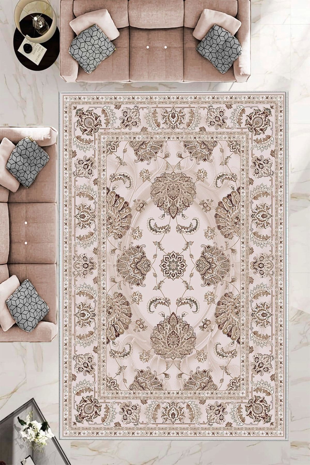 aradimtaradim Makinede Yıkanabilir Leke Tutmaz Pudra Pvc Deri Kaymaz Taban Göbekli Salon Saçaksız Halı E4166
