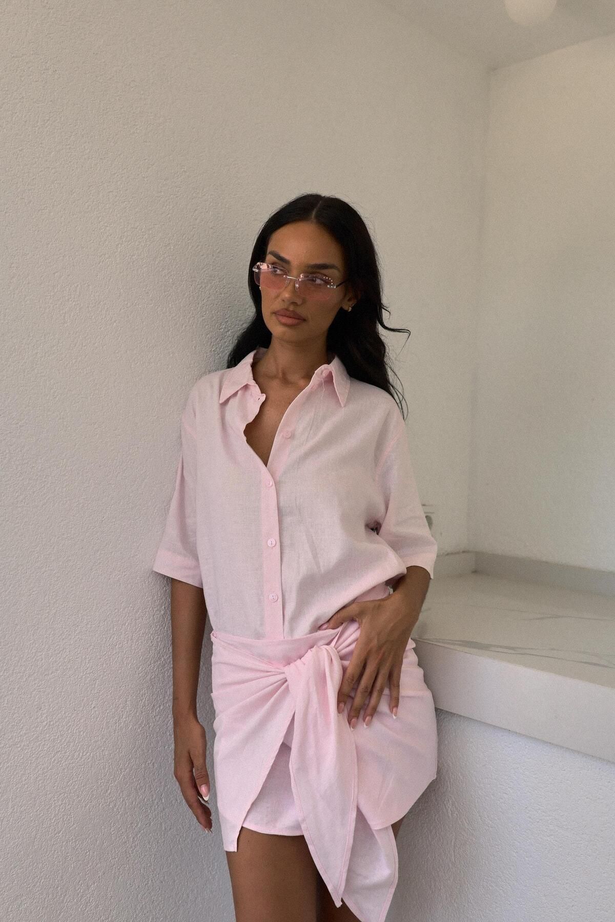 South Coast Pembe Keten Gömlek ve Etek Takım