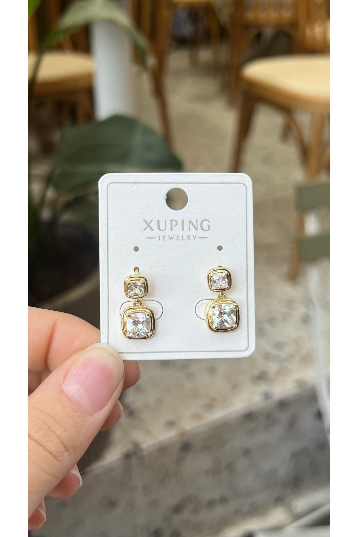 ZEYCE Gold Kare İkili Taşlı Kararmaz Küpe