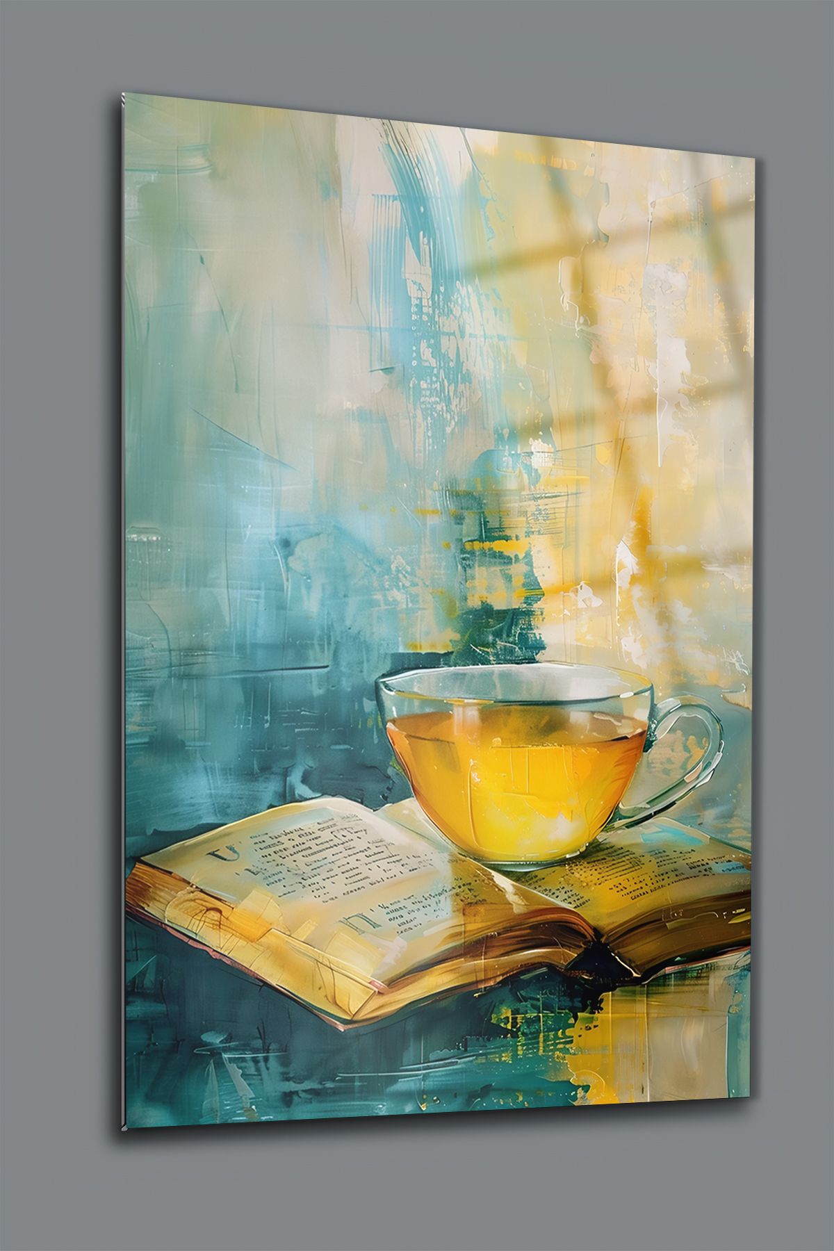 glassartdesign Fincan ve Kitap Cam Tablo Modern Tablo-Sürrealist Tablo