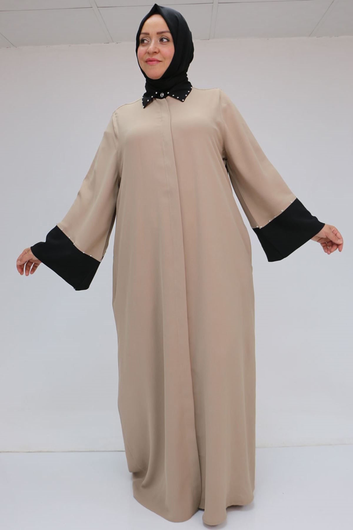 Eslina 56008 Büyük Beden Kol Garnili Etamin Abaya Ferace - Siyah-Vizon