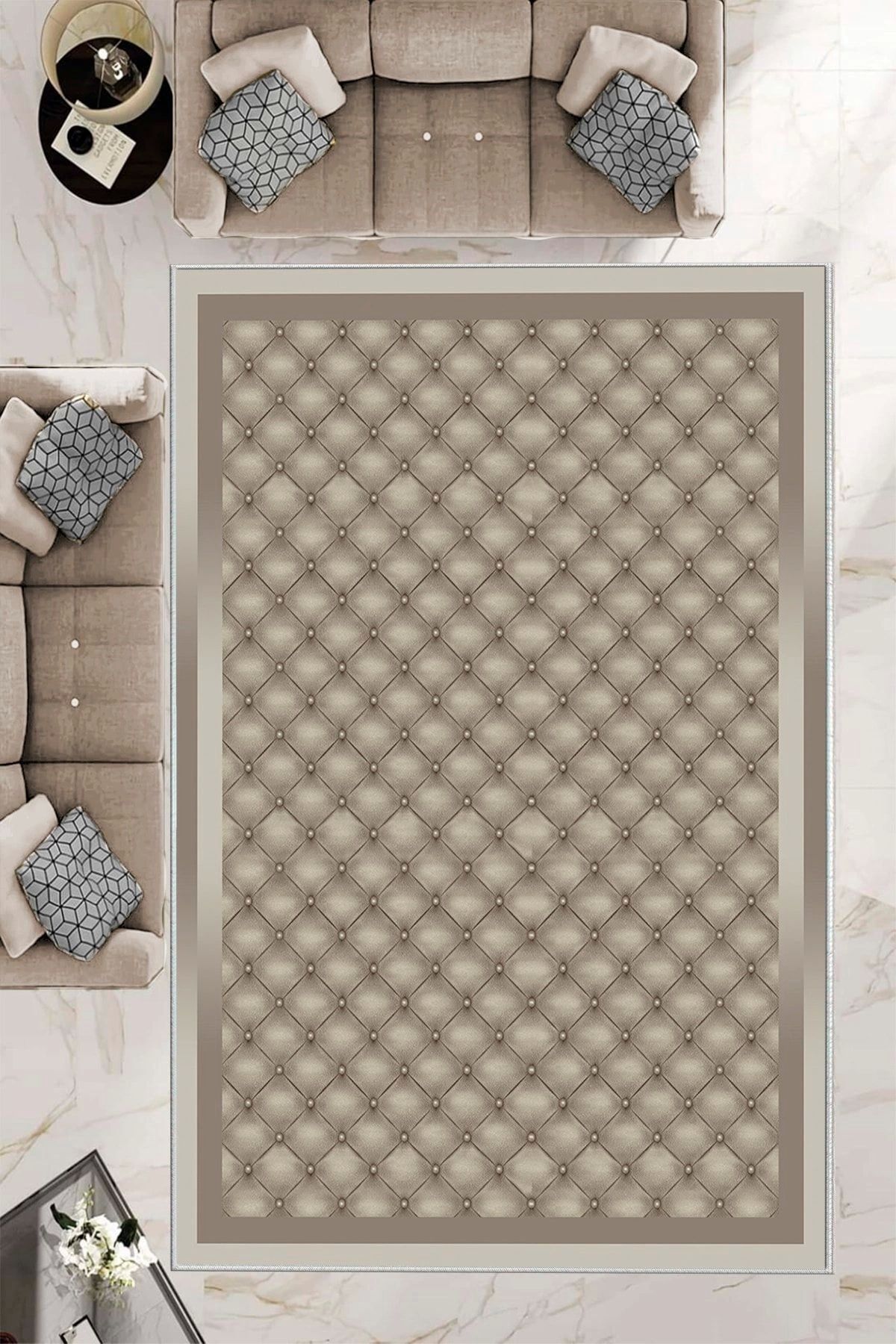 aradimtaradim Makinede Yıkanabilir Leke Tutmaz Bej-vizon Pvc Deri Kaymaz Taban Modern Salon Saçaksız Halı B1290