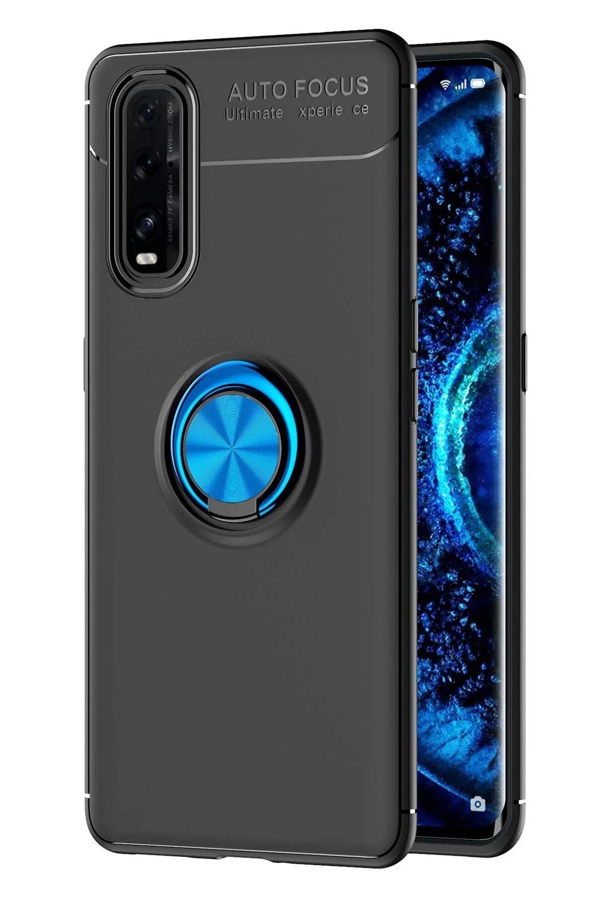Toptan Bulurum Oppo Find X2 Kılıf Range Yüzüklü Silikon - Siyah-Mavi