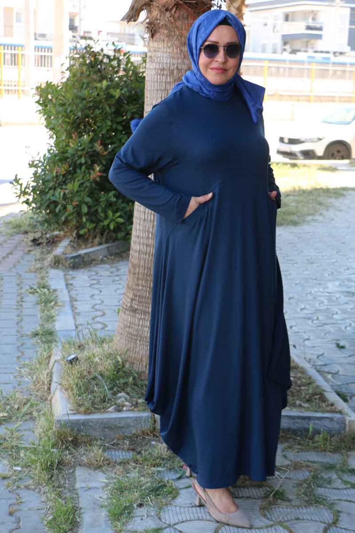 Eslina 52004 Büyük Beden Cepli Çımalı Penye Elbise - Lacivert