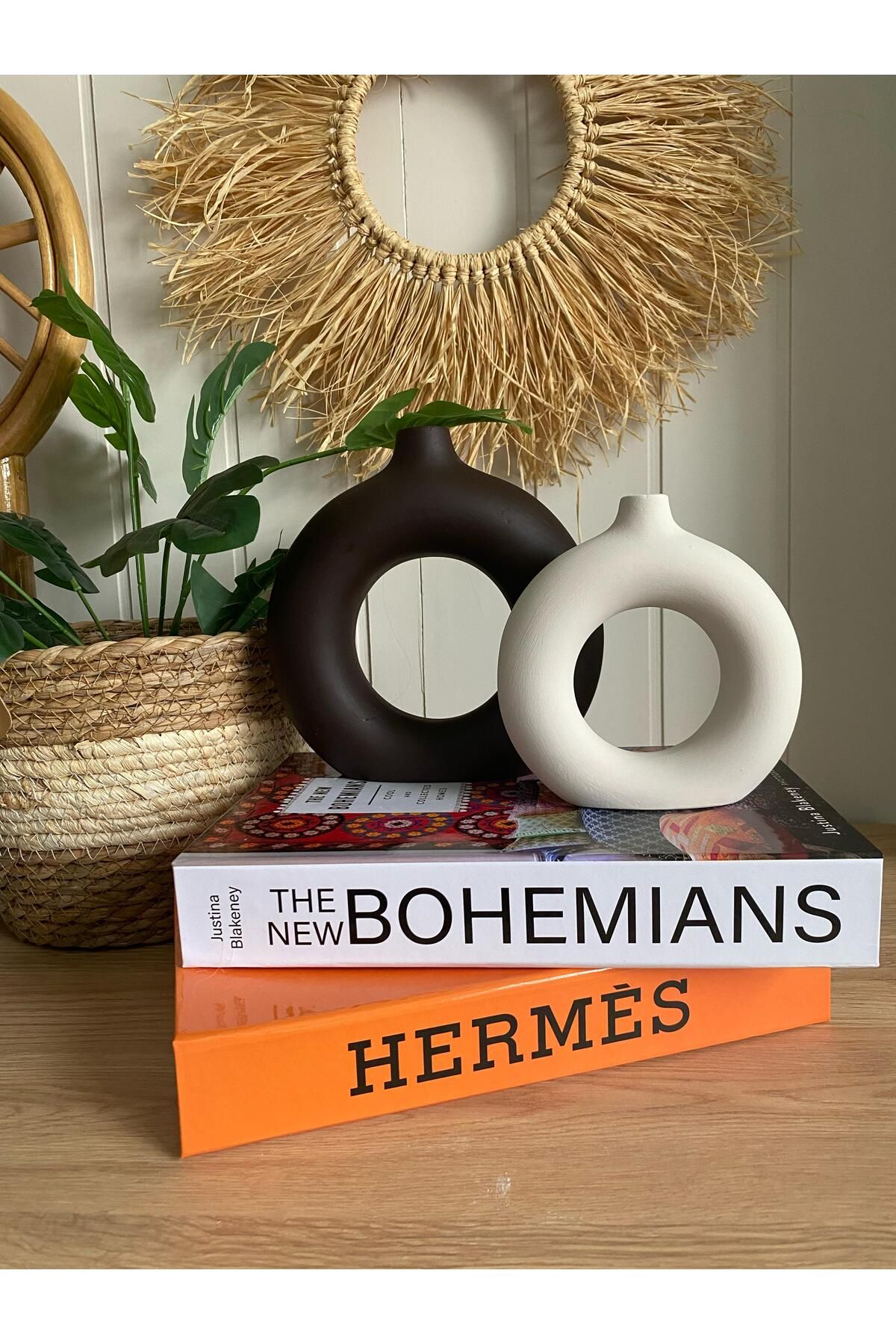 Porselian Bohem Halka 2li Vazo Set (BÜYÜK 18X18CM, KÜÇÜK 14X13,5CM)