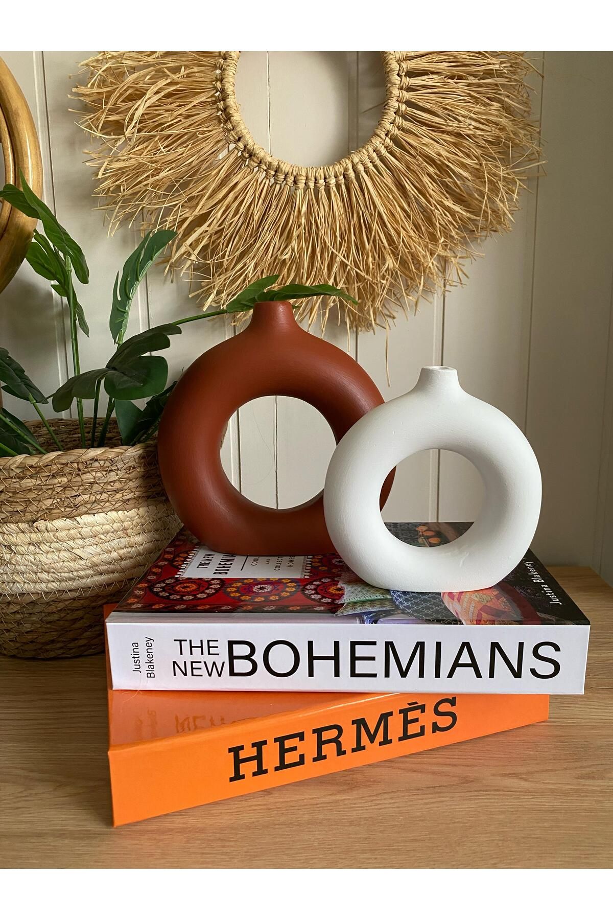 Porselian Bohem Halka 2li Vazo Set (BÜYÜK 18X18CM, KÜÇÜK 14X13,5CM)