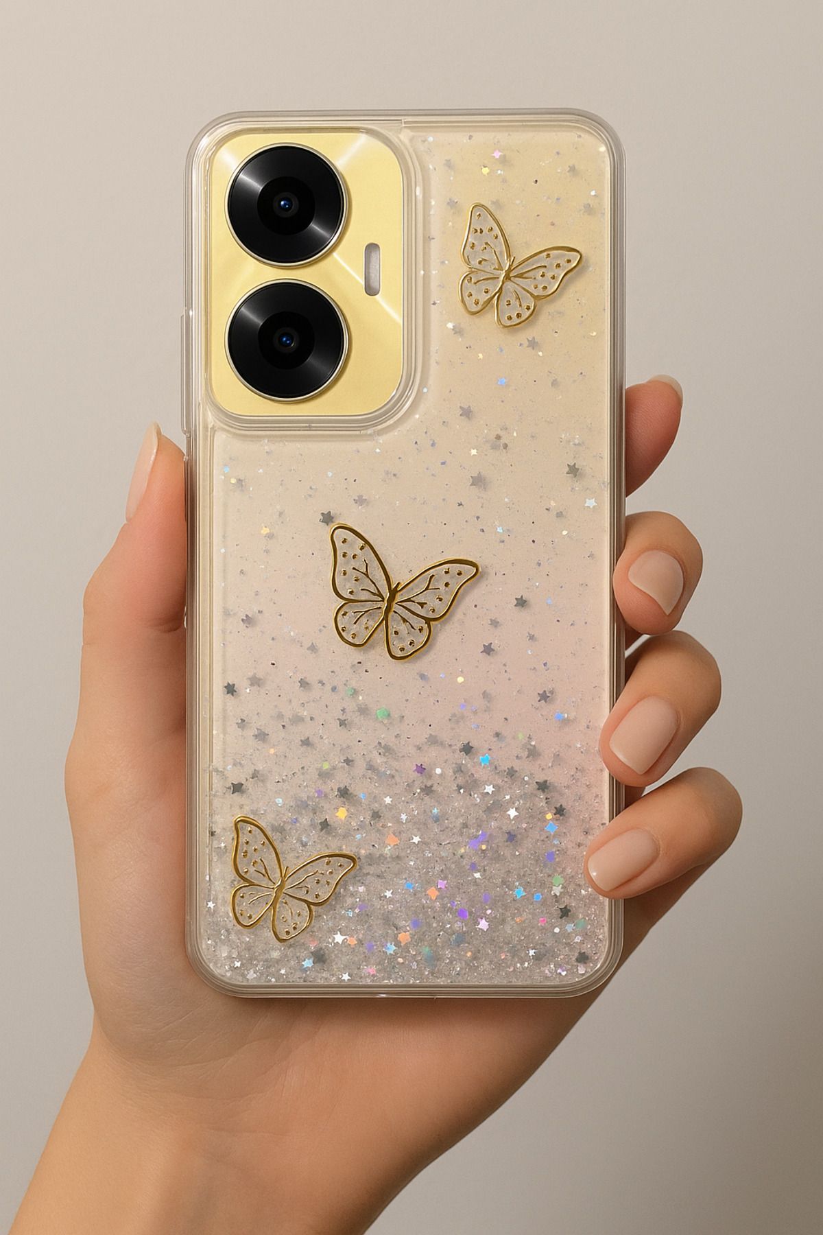 Rivor Realme C55 Uyumlu Kılıf Kamera Çıkıntılı Simli Kelebek Kabartmalı Desenli İnce Premium Kapak