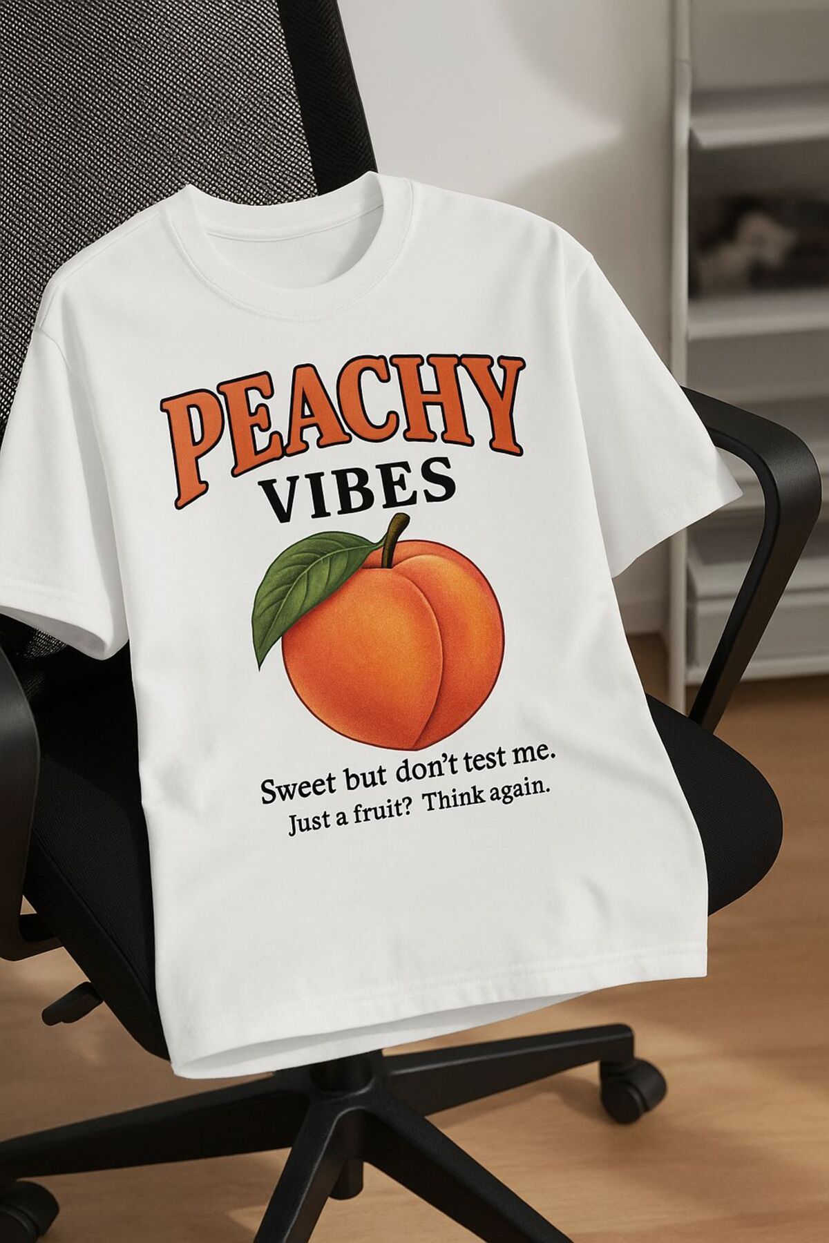 Framgan Erkek/Kadın PEACHY VİBES ŞEFTALİ Özel Baskılı Günlük Kısa Kol Bisiklet Yaka Pamuklu T-Shirt