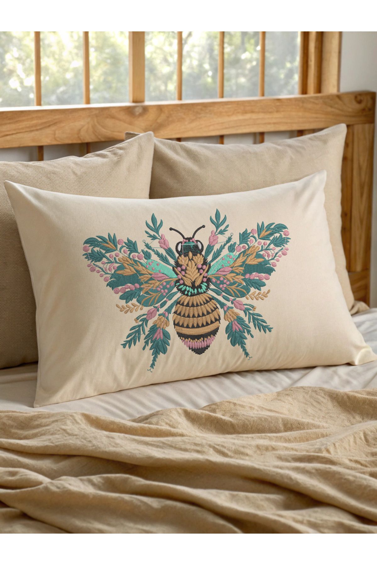 Misue Handmade Nakışlı Kırlent Kılıfı, %100 Pamuk Doğa Dostu, 35x50cm Kırlent Kılıfı, Dekoratif Nakışlı Kırlent