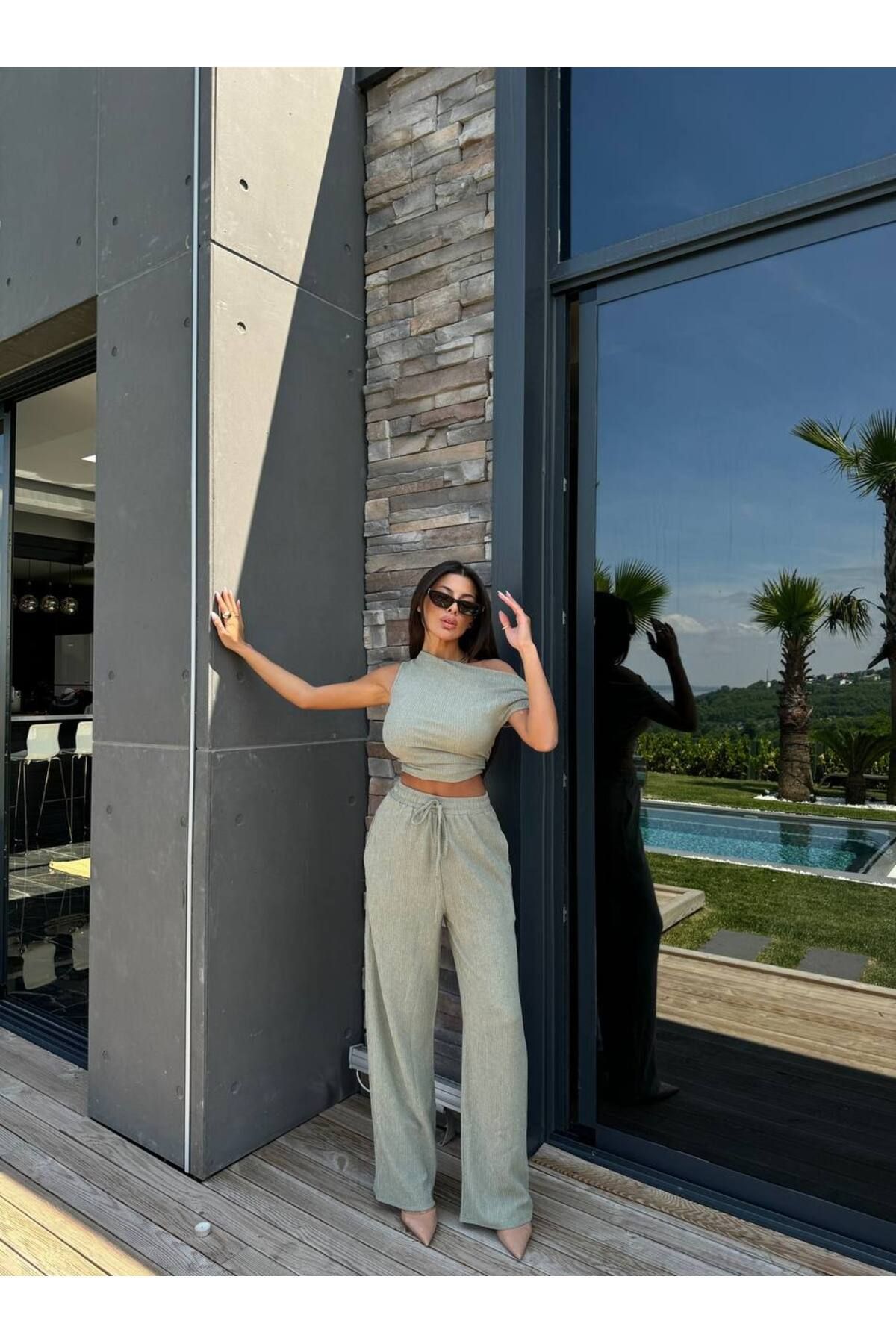 MODAMOR HAKİ TEK OMUZ DETAYLI FİT KESİM İKİLİ TAKIM-BLUZ PANTOLON