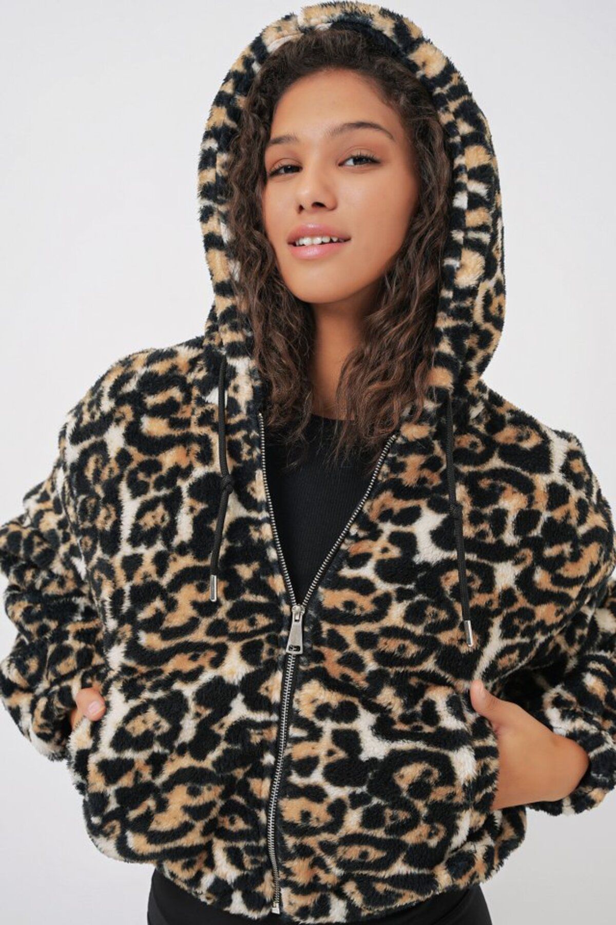 ETİLER COLLECTION 5193 Kapüşonlu Peluş Crop Ceket - D.Kahve