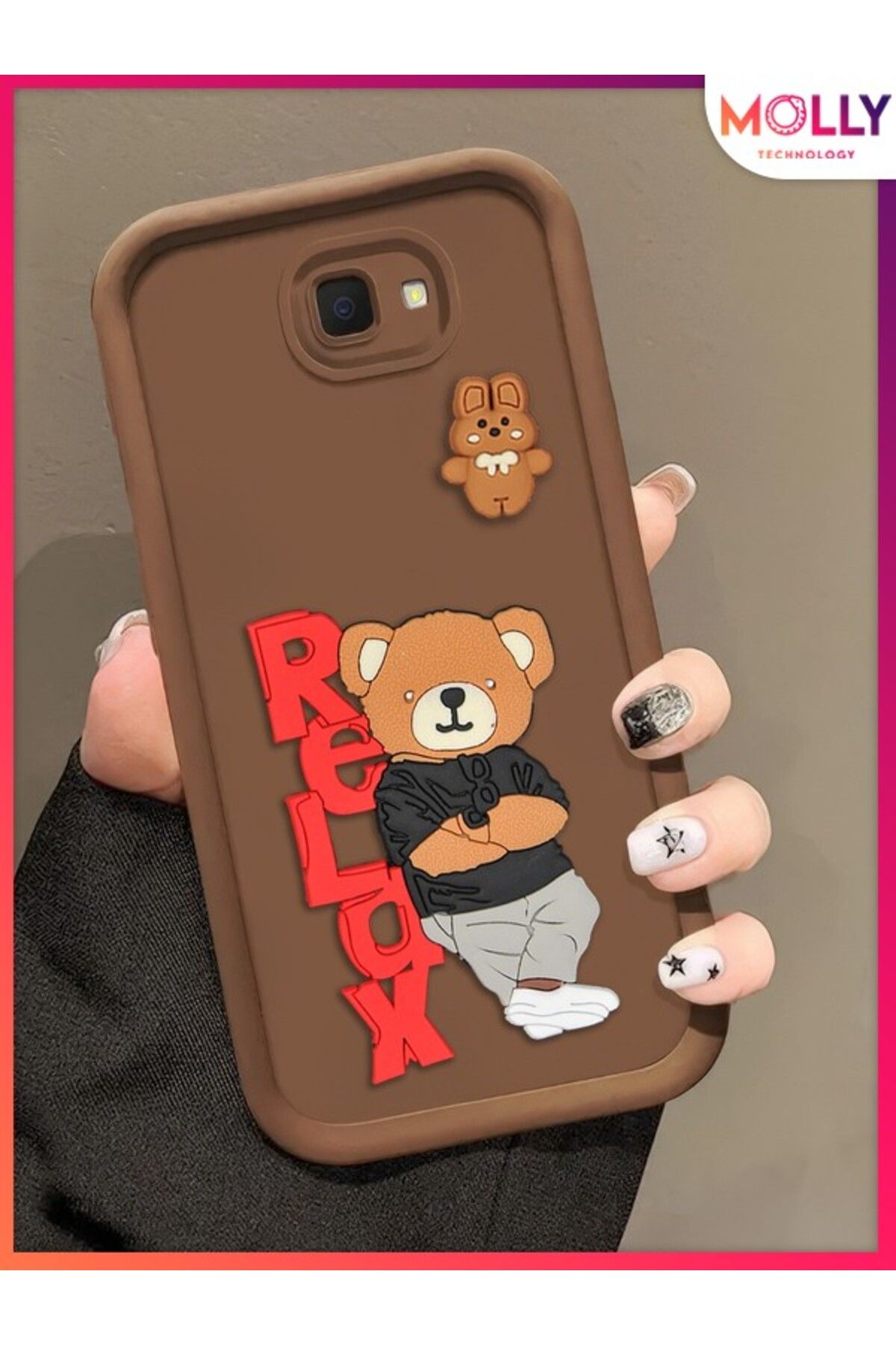 Molly Samsung Galaxy J4 PLUS İçin Fallow Brown Kenarları Kalın 3d Kabartmalı Teddy Bear Silikon Kılıf