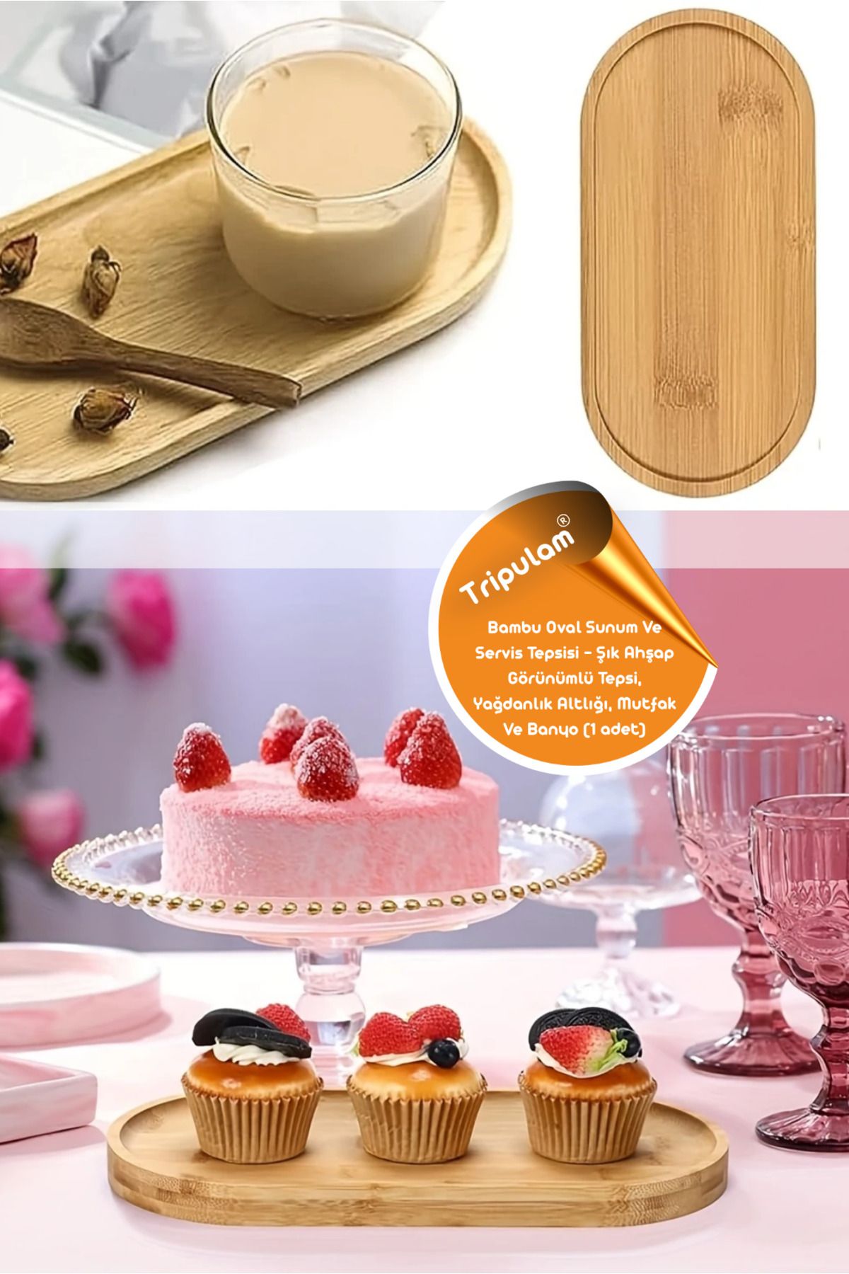 TRİPULAM Bambu Oval Sunum Servis Tepsisi - Şık Bambu Görünümlü Tepsi, Yağdanlık Altlığı, Mutfak Banyo(1 adet)