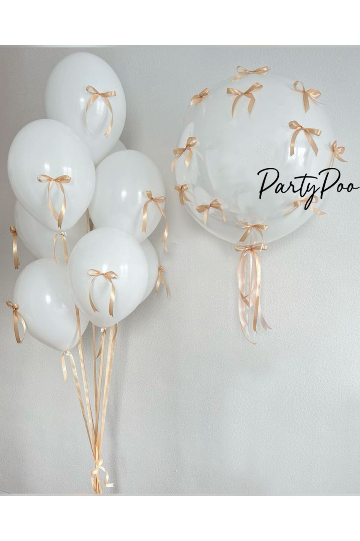 PartyPoo Gold Fiyonk Kurdeleli Bobo ve Beyaz Balon Seti 10'lu Doğum Günü Seti Fiyonklu Balon, Kurdeleli Balon