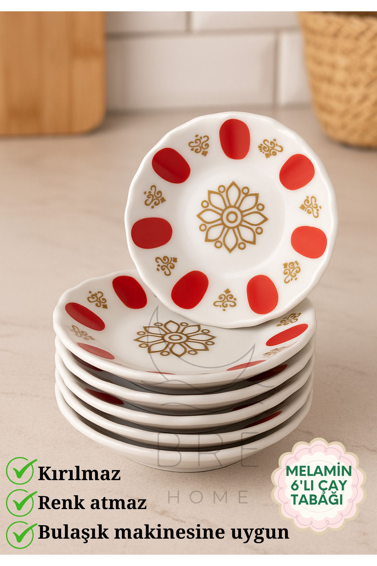 BRE HOME Kırılmaz Melamin Çay Tabağı 6'lı Set – Osmanlı Desenli, Dalgalı Kenarlı bardak altlığı