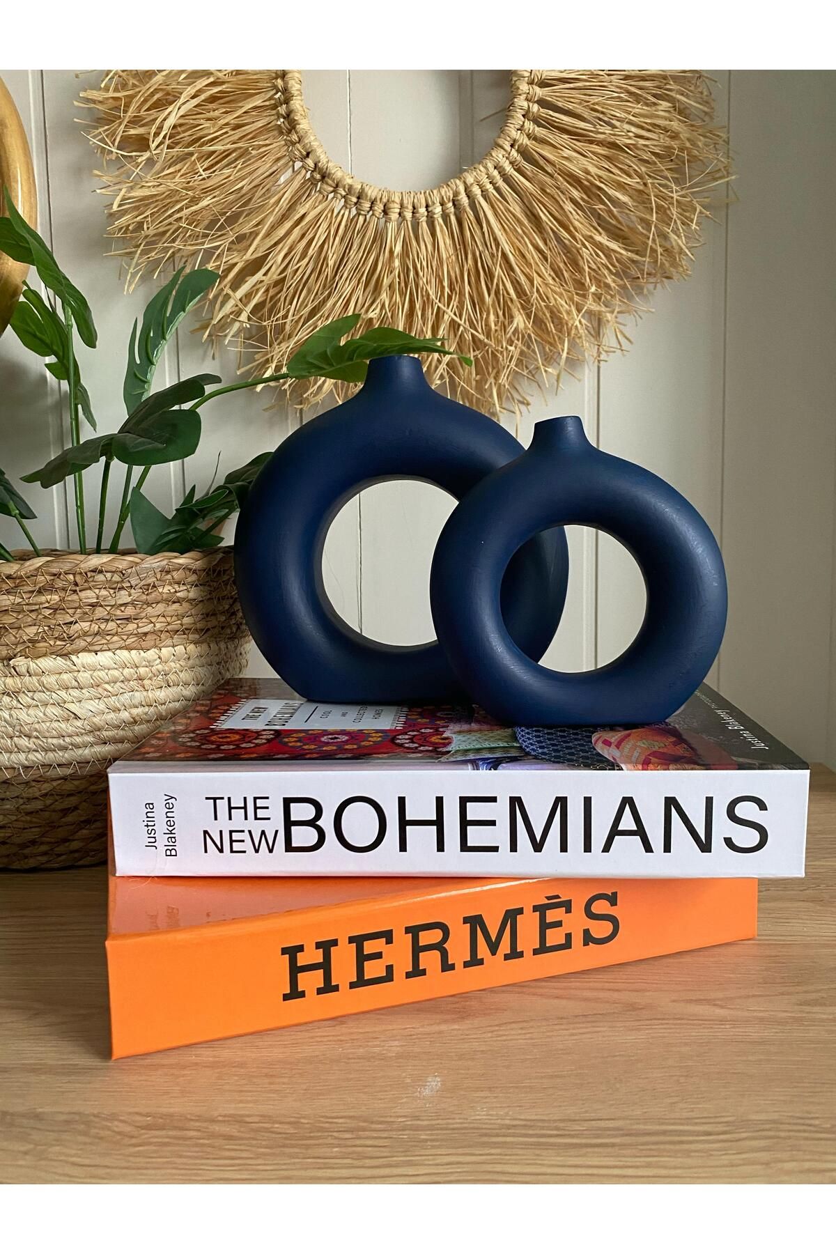 Porselian Bohem Halka 2li Vazo Set (BÜYÜK 18X18CM, KÜÇÜK 14X13,5CM)