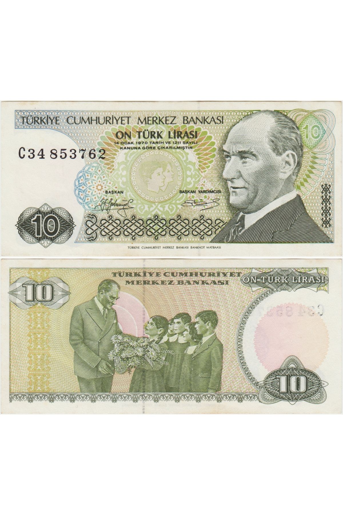 Banknoting TÜRKİYE CUMHURİYETİ 7. EMİSYON 1. TERTİP 10 LİRA C34 KISA KAŞ. ÇİLALTI+++ KONDİSYON.