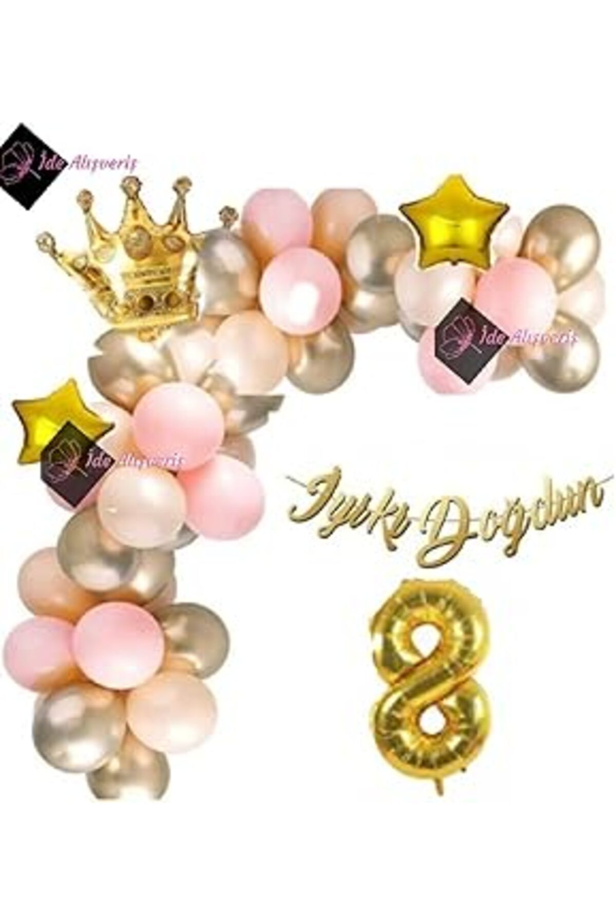 Pazarcan Bkmc 8 Yaş Lüks Doğum Günü Balon Seti Gold Pembe Doğum Günü Parti Süsü Bmcnm483