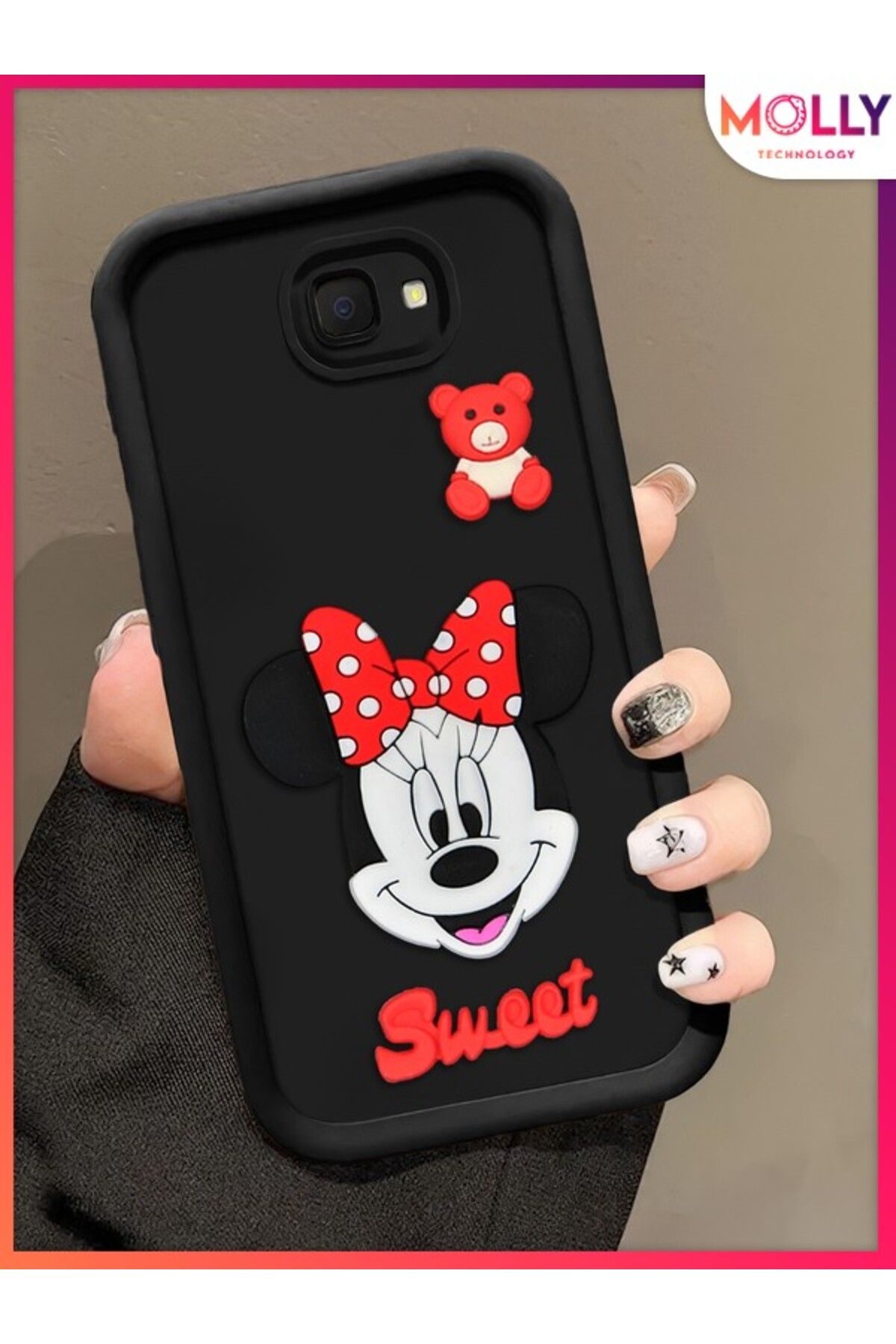 Molly Samsung Galaxy J4 PLUS Için Siyah Kenarları Kalın 3d Kabartmalı Sevimli Minnie Silikon Kılıf