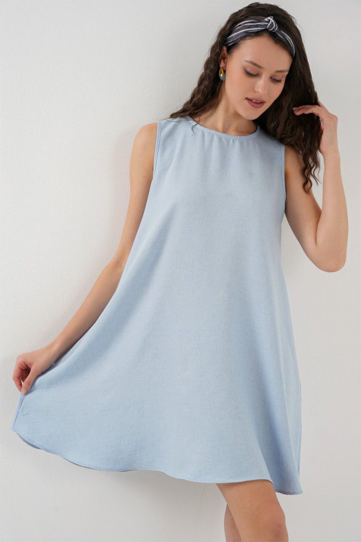 ETİLER COLLECTION 2444 Mini Keten Elbise - Açık Mavi